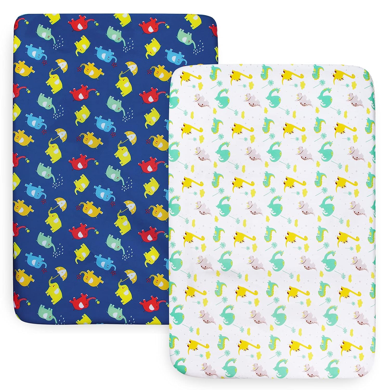 Pack and Play Sheets, paquete de 2 hojas compatibles con Graco Pack n PlayMini Crib, 100% microfibra suave y transpirable, elefante y dinosaurio