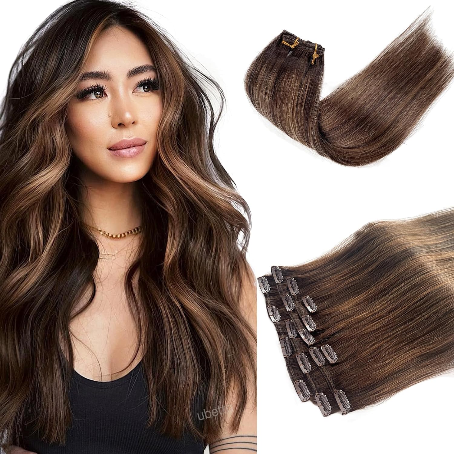Extensiones de cabello humano real con clip, de 12 pulgadas, 7 unidades, color marrón oscuro, balayage, color marrón ceniza, extensiones de cabello