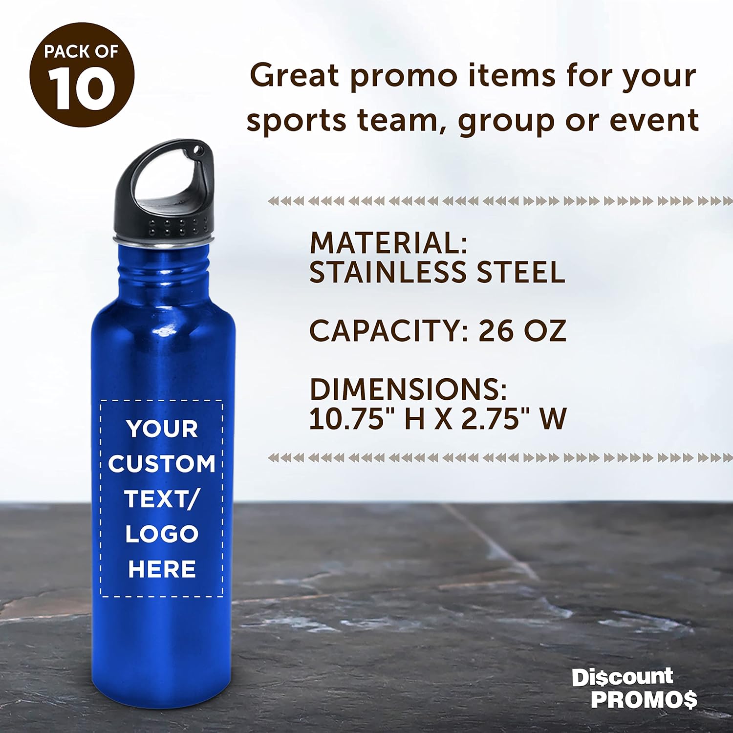 DISCOUNT PROMOS Botellas de agua personalizadas de acero inoxidable de 26 onzas, juego de 10, paquete a granel personalizado, reutilizables, a