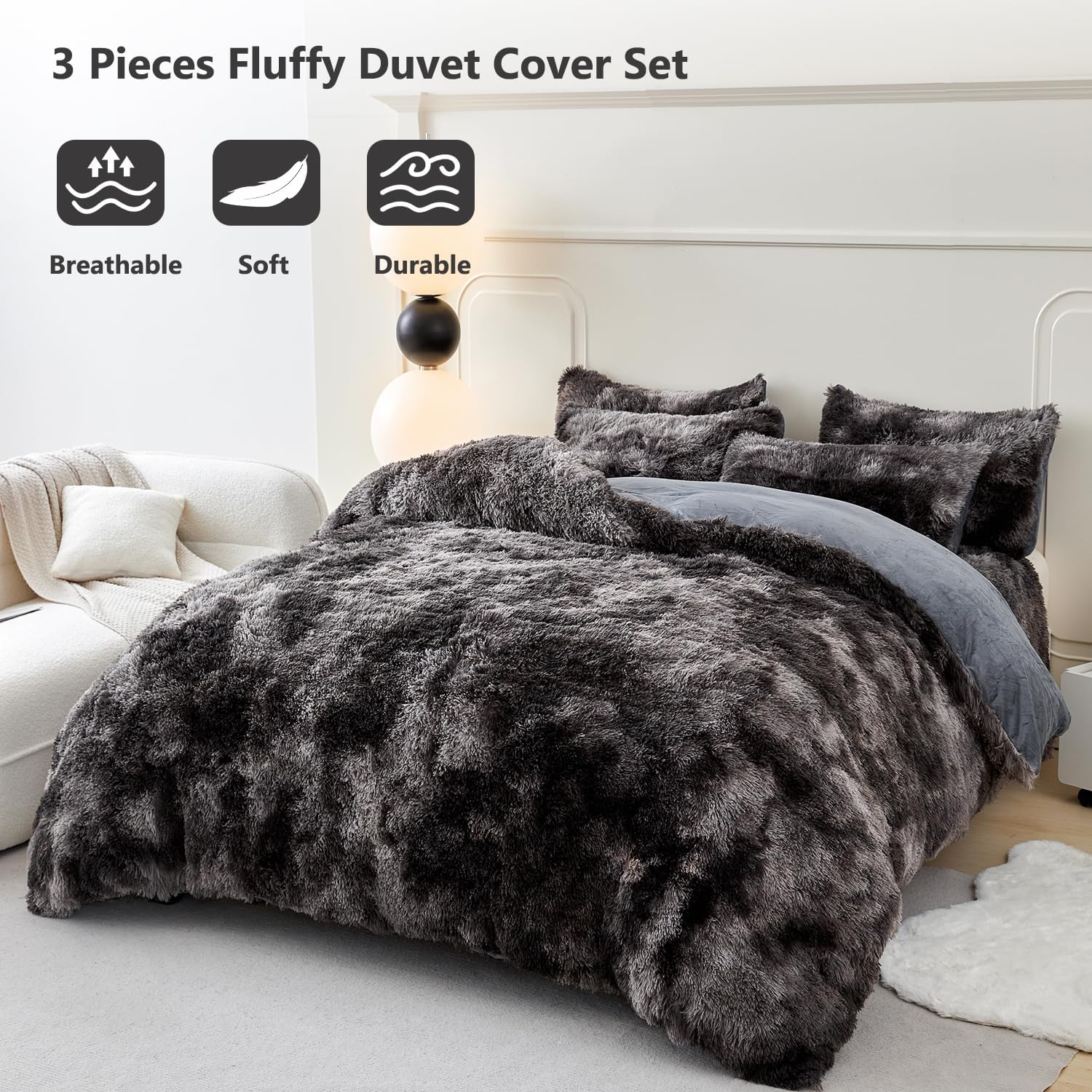 SUCSES Juego de funda de edredón de felpa lanudo tamaño Queen, 3 piezas, color gris oscuro, pelo sintético, esponjoso, teñido anudado, juego de