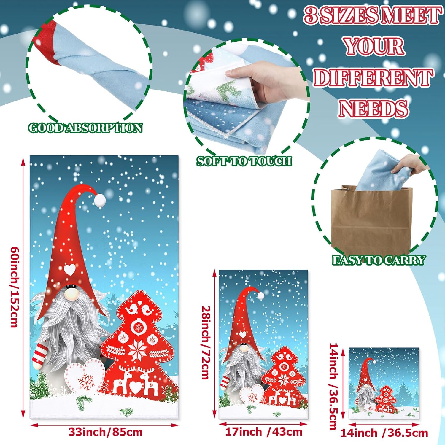 Juego de 3 toallas de baño de gnomo de Navidad, toallas de mano para árbol de Navidad, toallas de baño de copos de nieve, toallas de baño suaves y