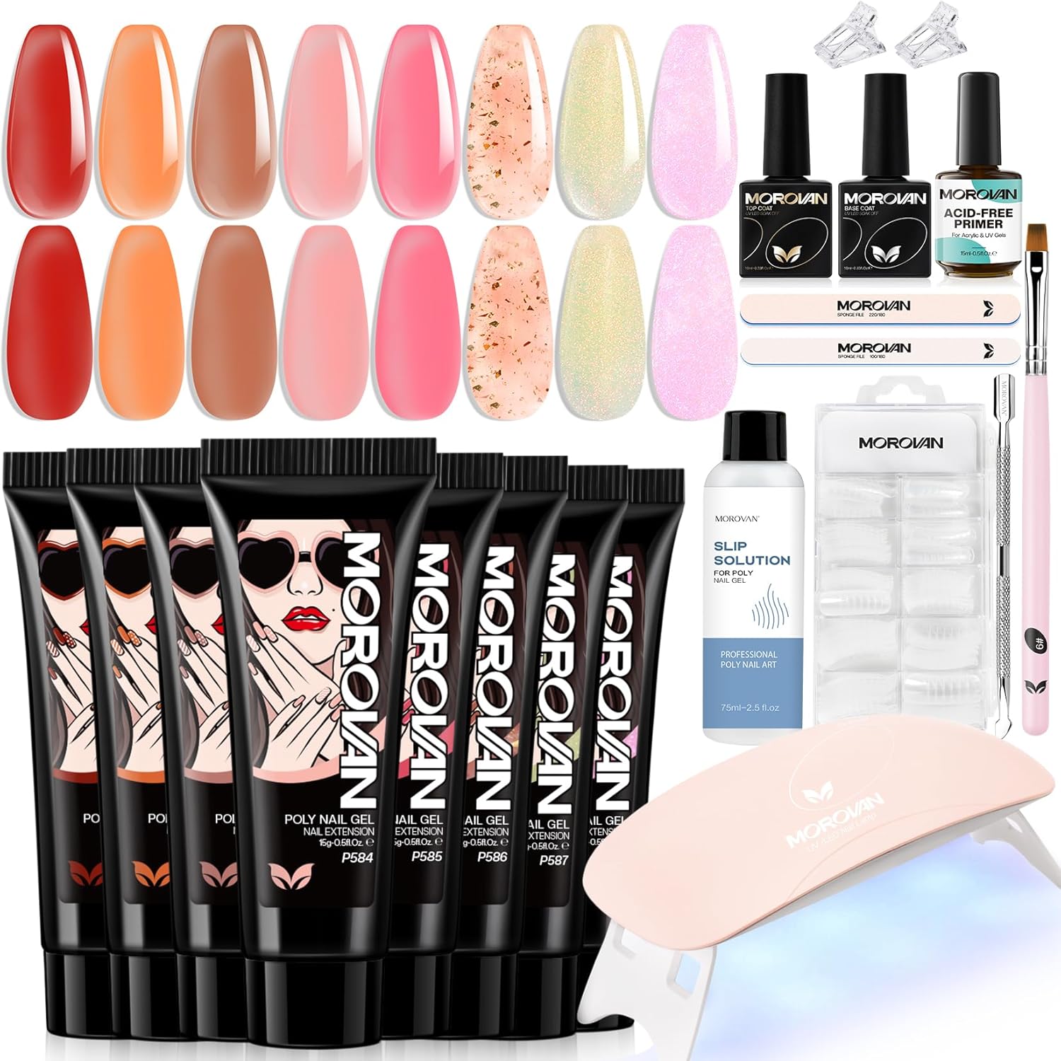 Morovan Kit de iniciación de uñas de poligel 8 colores con purpurina kit de gel de uñas con lámpara UV para principiantes, kit de extensión de gel