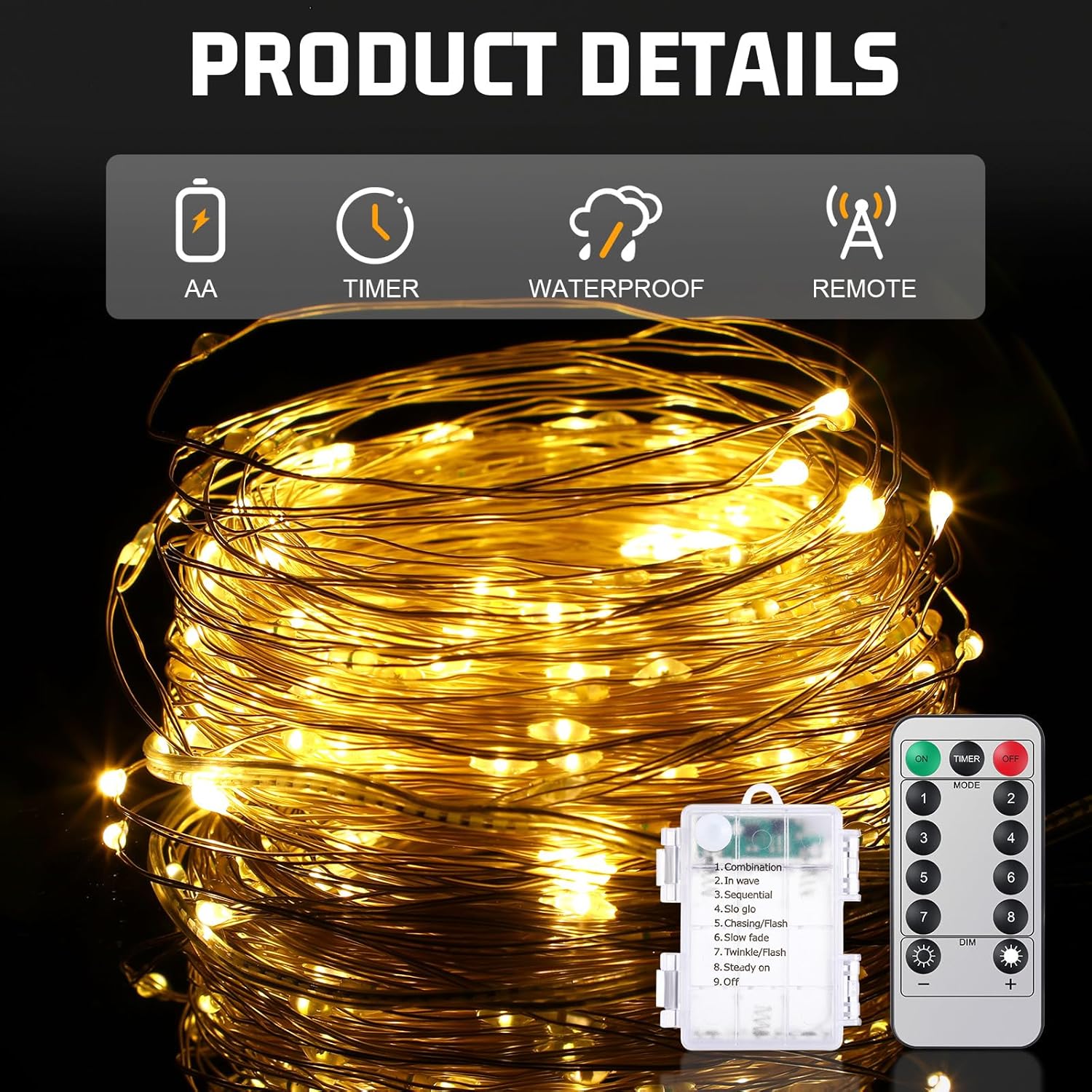 Paquete de 9 luces de hadas de 882 pies con 2700 luces LED a pilas con control remoto, impermeable, luces de Navidad con temporizador, luces