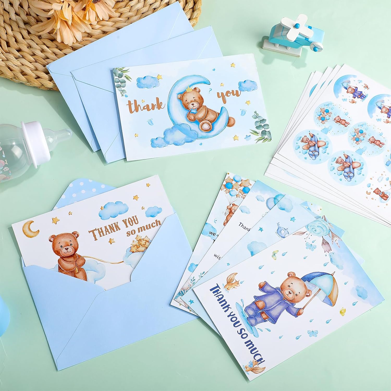 Tenceur 60 juegos de tarjetas de agradecimiento para baby shower, 60 tarjetas de baby shower con 60 sobres y 6 hojas de calcomanías para revelación