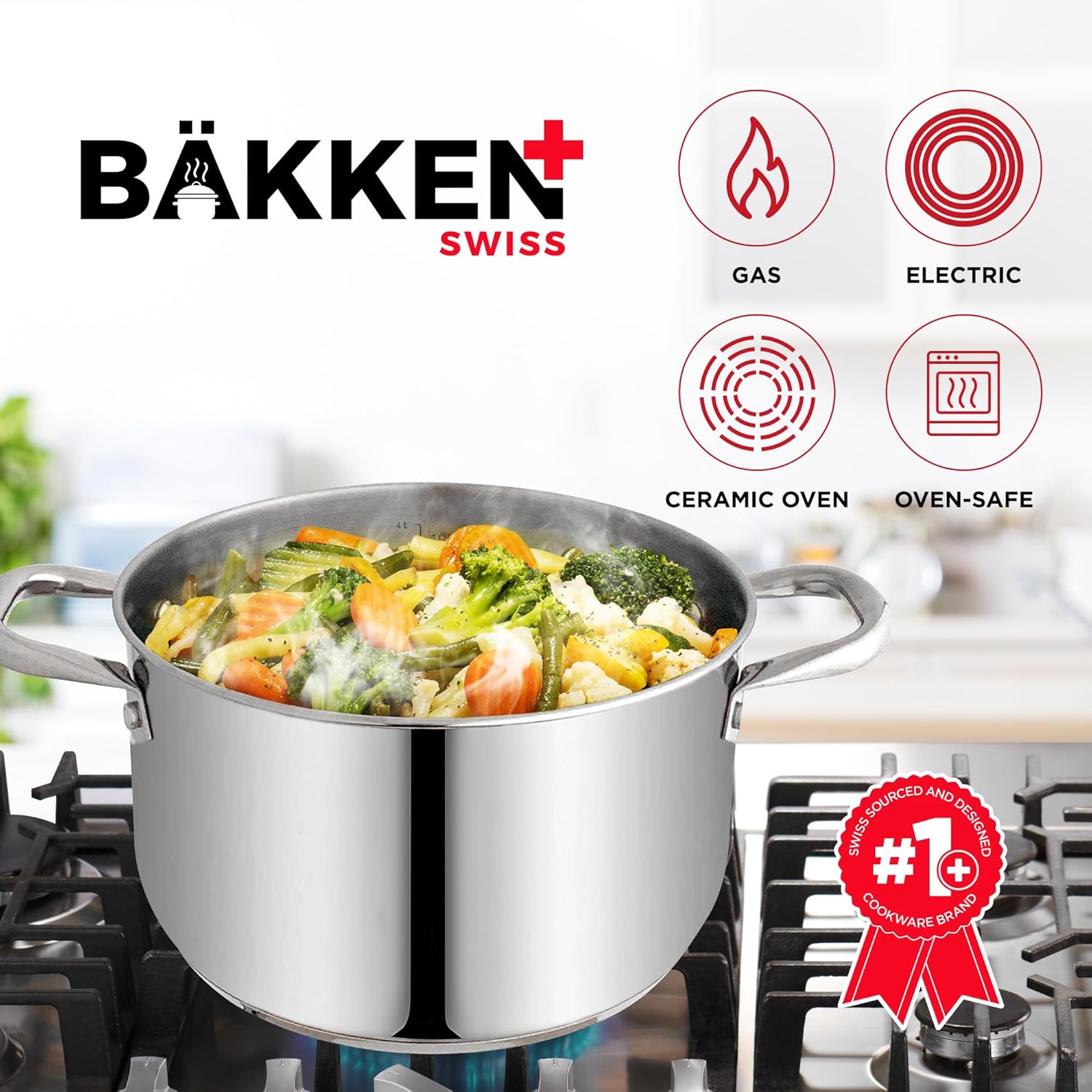 Bakken-Swiss Deluxe – Olla de acero inoxidable de 5 cuartos de galón con tapa transparente de vidrio templado, deliciosas sopas, guisos y cocción