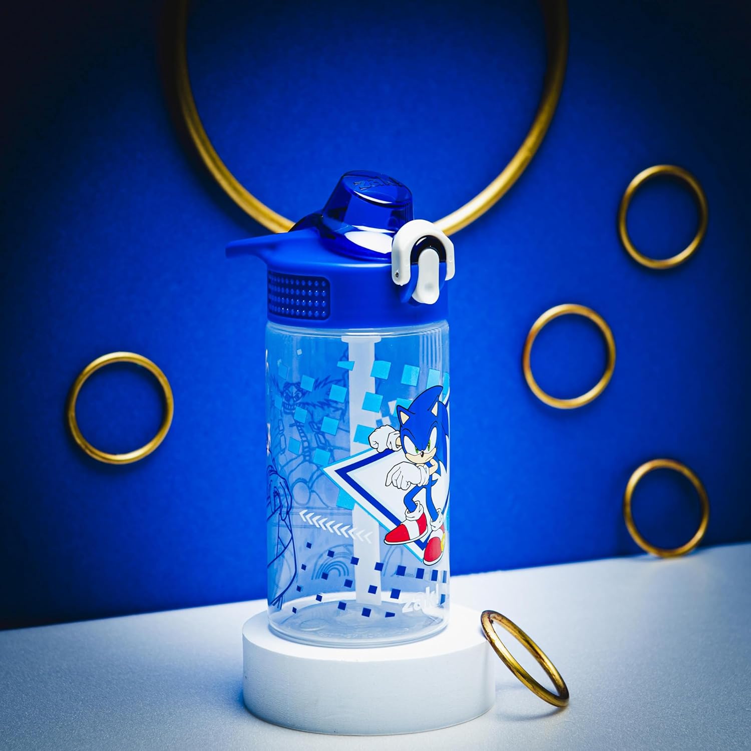 Zak Designs Sage Sonic the Hedgehog Botella de agua para niños, escuela o viajes, plástico duradero, 16onzas, con popote, asa, tapa, boquilla