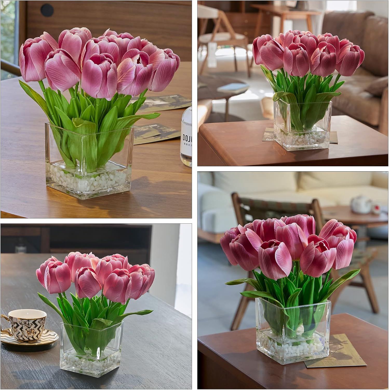 Flores artificiales, arreglo floral de tulipanes en jarrón, flores falsas, tulipanes de seda, modernas flores artificiales de seda para el hogar,
