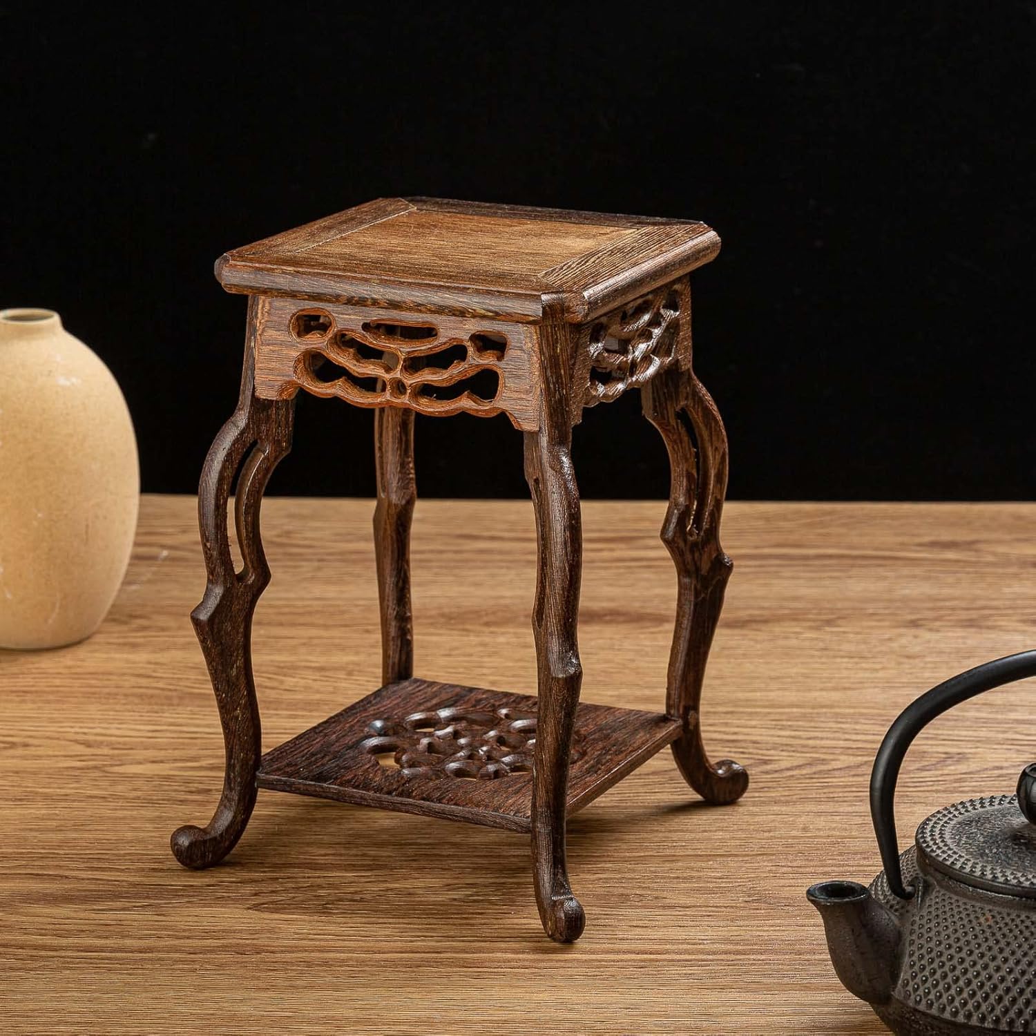 THY COLLECTIBLES Hermoso soporte de jarrón oriental de palisandro artesanal para jarrones y plantas pequeños (5 pulgadas de largo x 5 pulgadas de