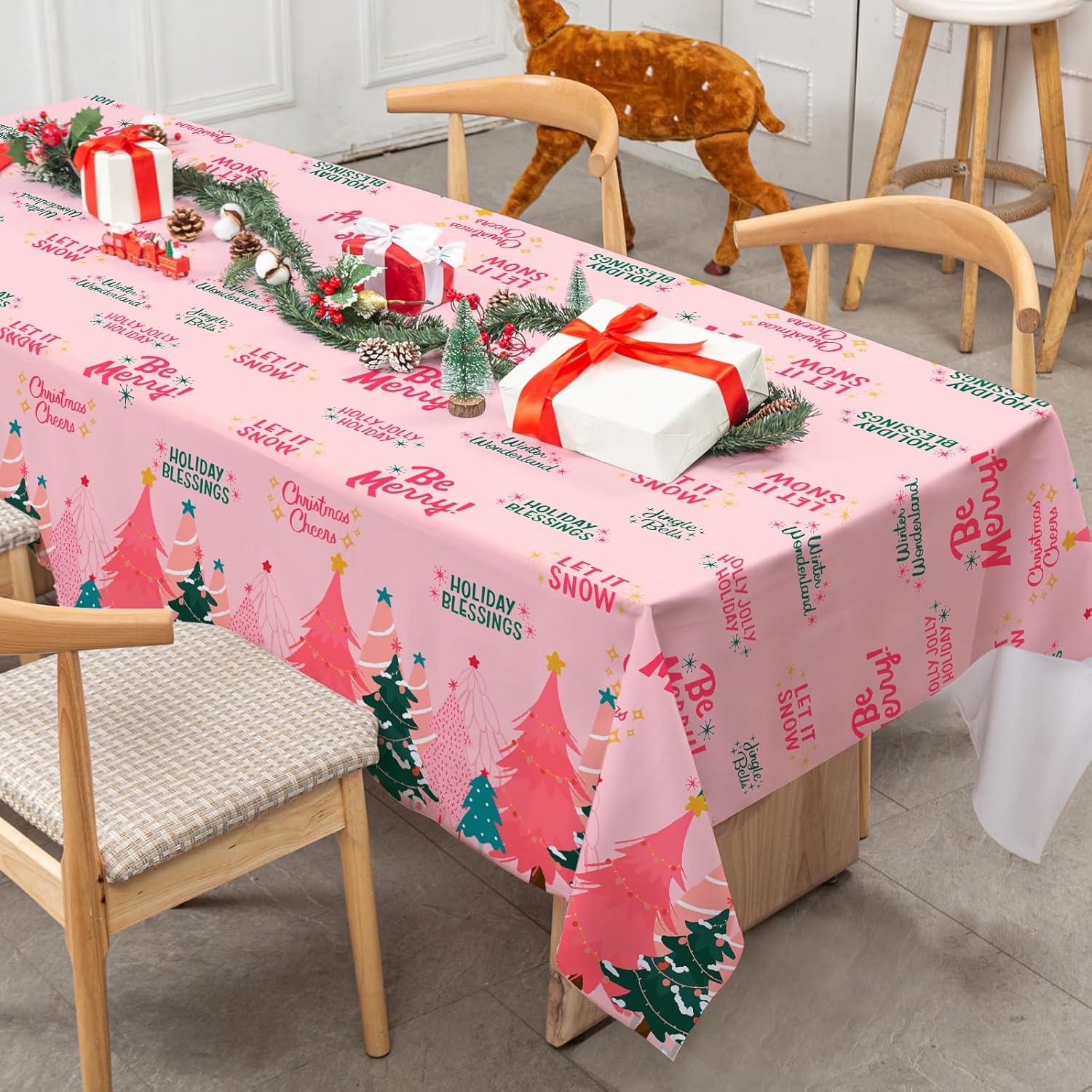 AnyDesign – Mantel rectangular de Navidad rosa con árboles de Navidad, mantel lavable para vacaciones de invierno, picnic, comedor, 60 x 104 pulgadas
