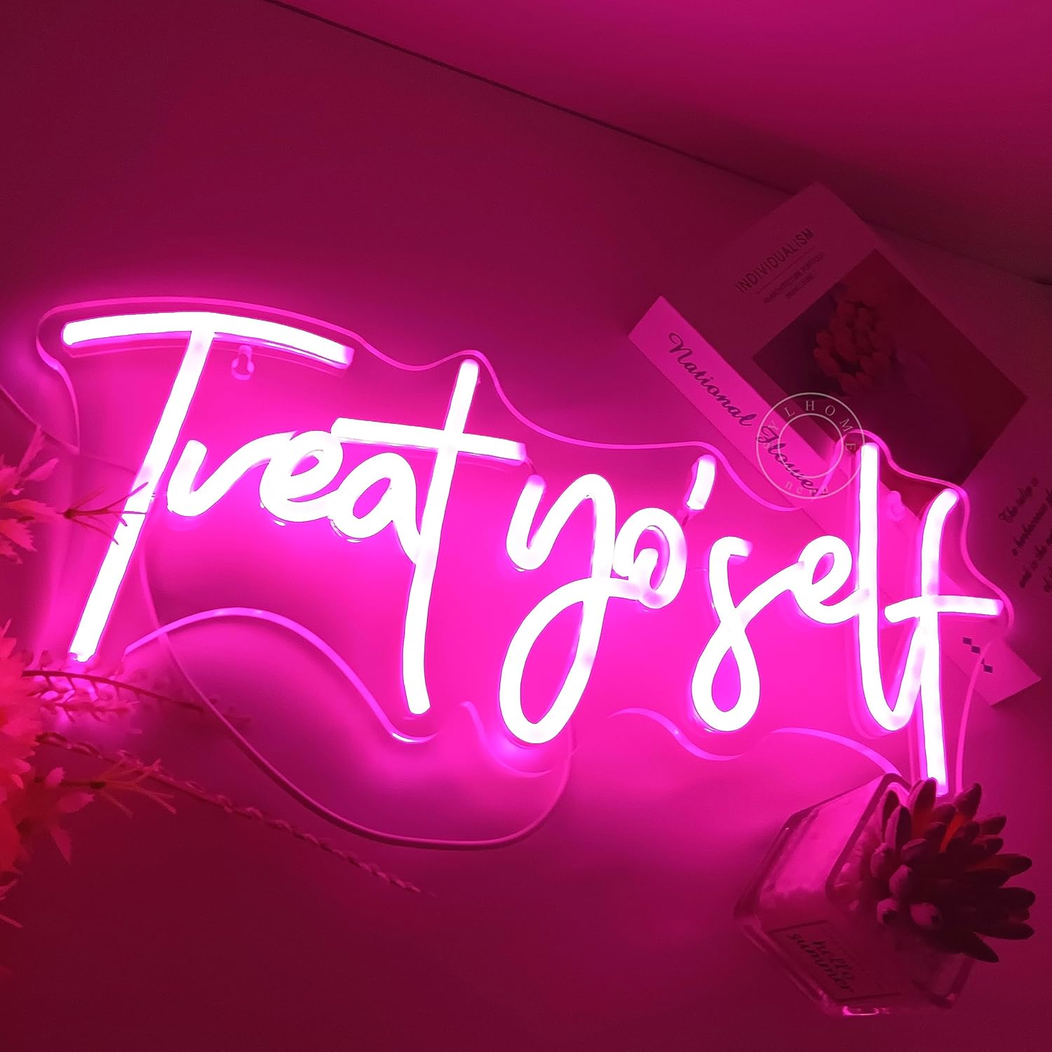 Letrero de luz LED de neón rosa con texto en inglés “Treat Yourself”, para dormitorio, habitación de los niños, sala de estar, decoración de pared,
