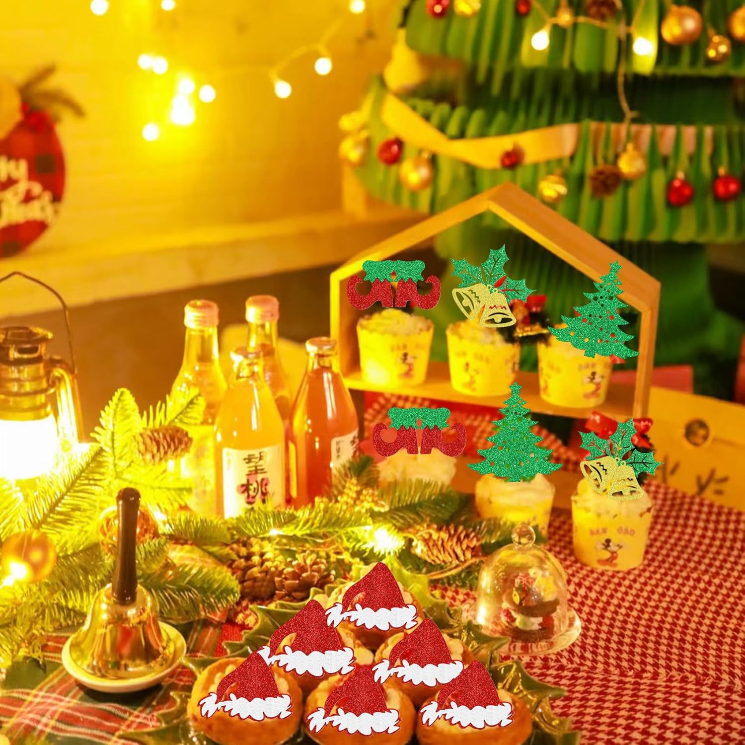 1 decoración grande para tartas de Navidad, cartel de decoración de pastel de Navidad, picks de comida de Navidad con purpurina para Navidad, fiesta