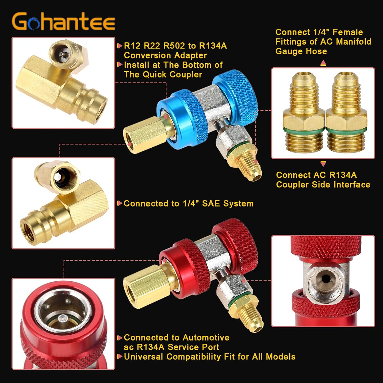 Adaptador de acoplador rápido ajustable de CA R134A, kit alto y bajo con válvula de grifo de perforación R134A, adaptador de tanque R134A, 2