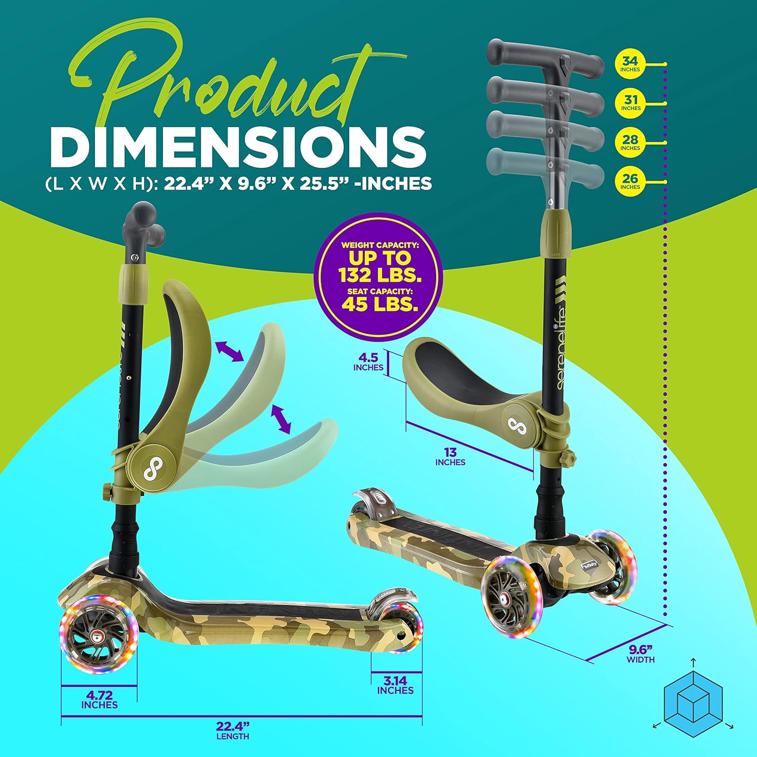 Patinete de 3 ruedas para niños  2 en 1 para sentarse o estar de pie para niños pequeños de juguete con asiento abatible, altura ajustable, cubierta
