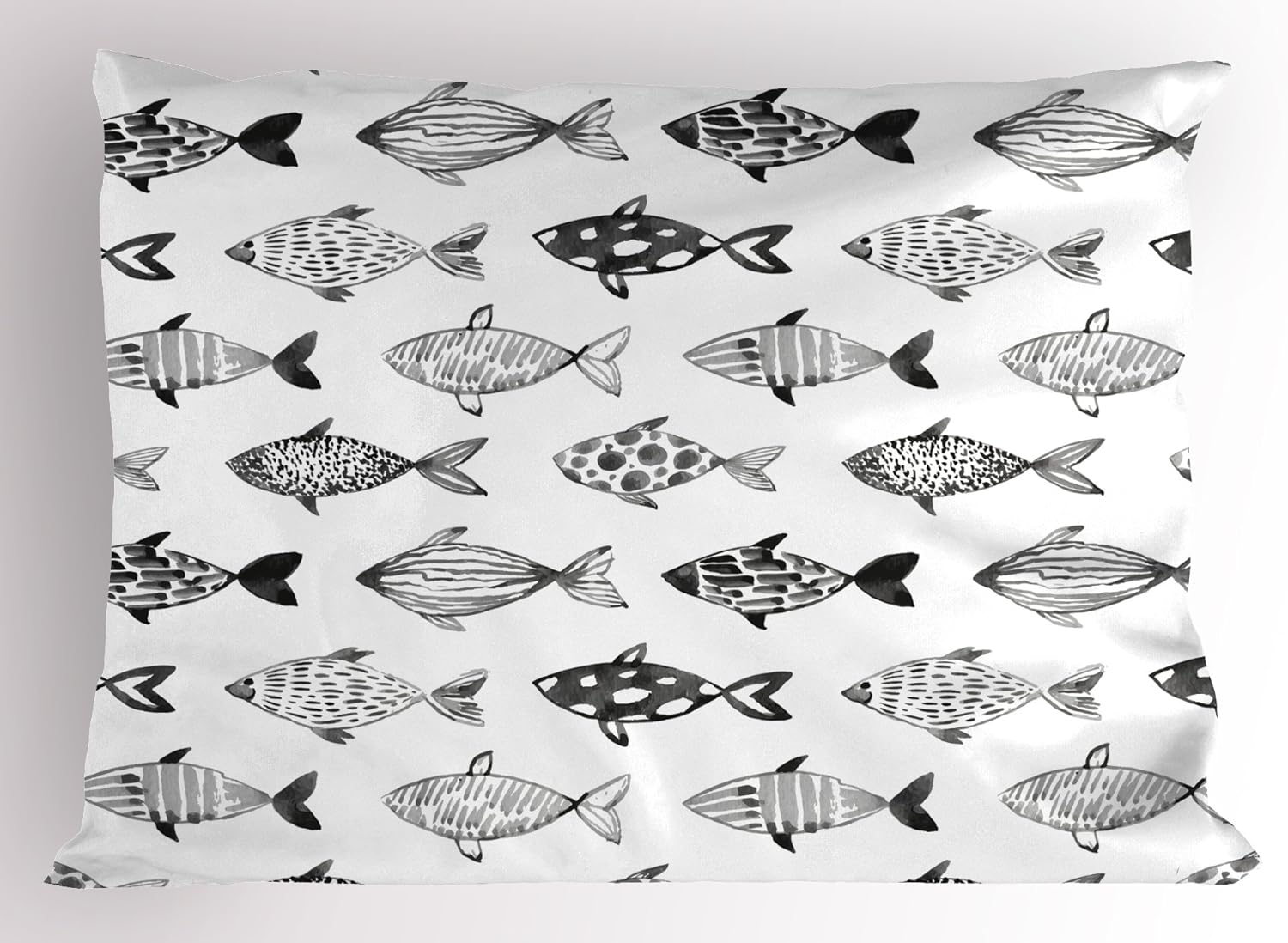 Ambesonne Funda de almohada marina, patrón de peces en color suave, diferentes diseños de cuerpo, estilo acuarela, arte náutico, funda de almohada