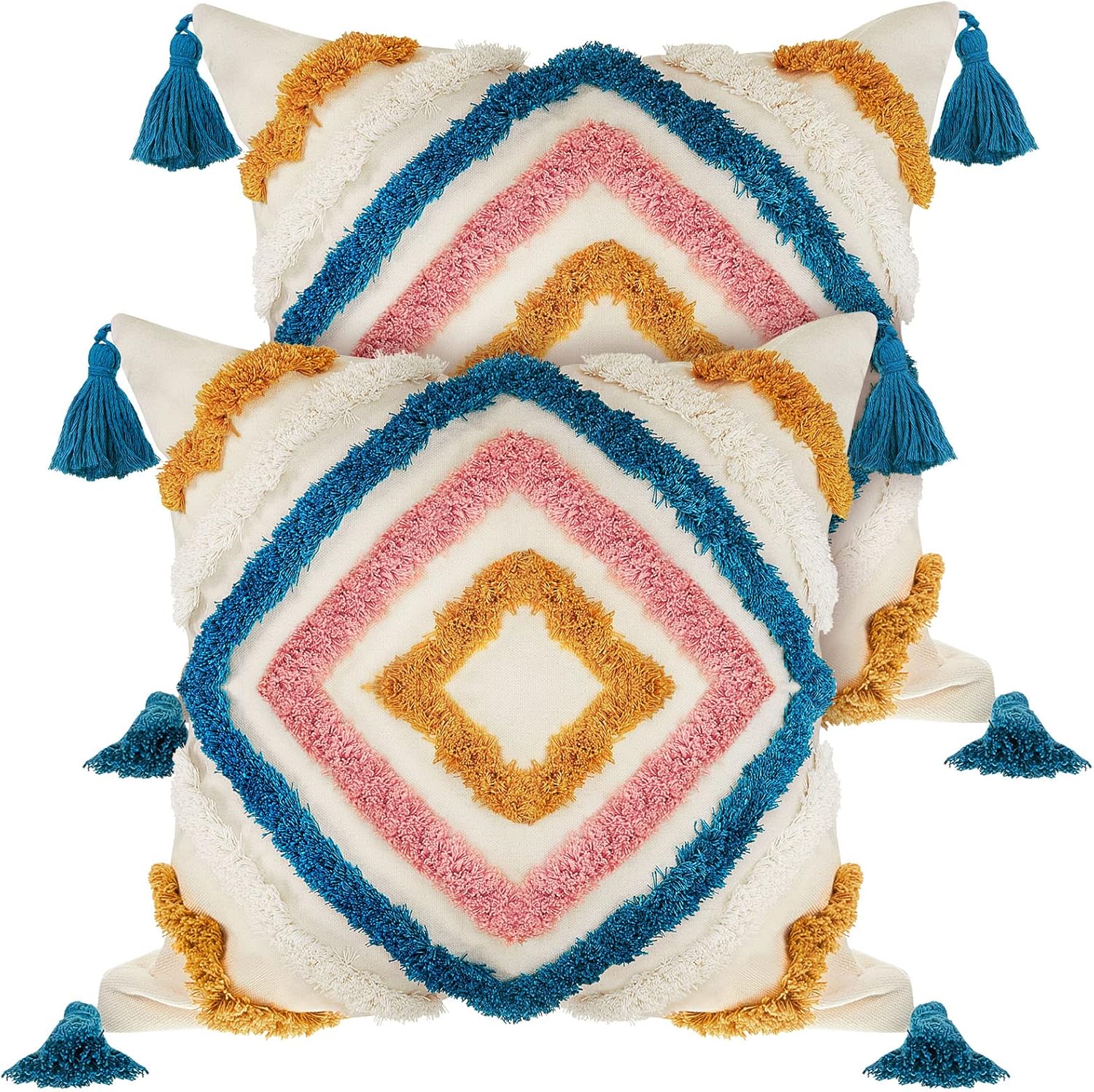 Moukeren 2 fundas de almohada bohemias de 18 x 18 pulgadas, fundas de almohada decorativas con borlas de diamantes para cama, sofá, sala de estar,