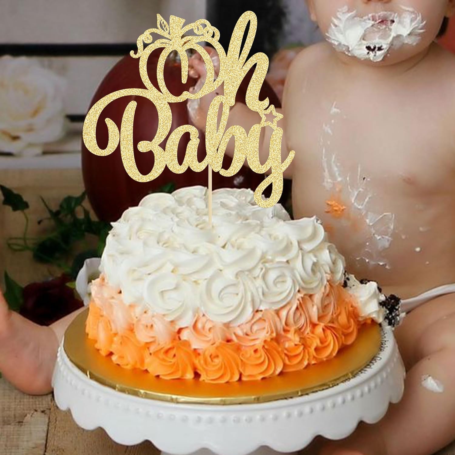 Gyufise 1 decoración de pastel de calabaza Oh Baby con purpurina con temática de otoño, calabaza, baby shower, decoración para baby shower, niños,
