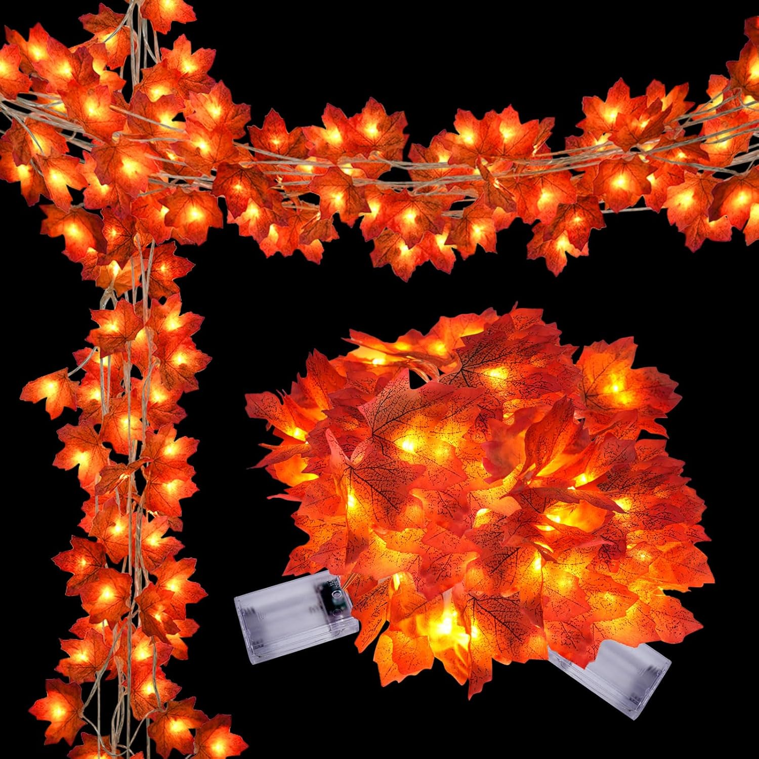 Paquete de 2 luces de hoja de arce, decoraciones de Acción de Gracias para el hogar, guirnalda de hojas con luces, total de 30 pies, 60 luces LED de