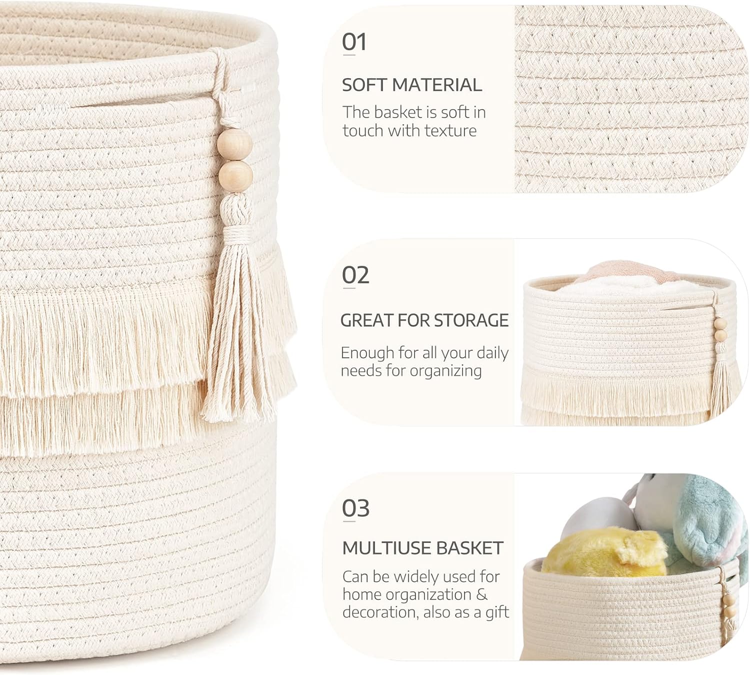Dahey Cesta decorativa de macramé de cuerda de algodón, decoración bohemia para guardería, pequeña y bonita borla tejida con cuentas de madera para
