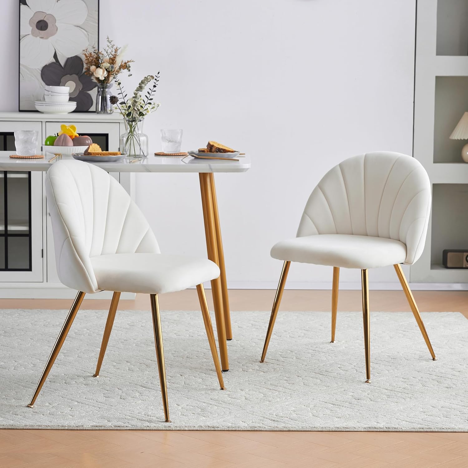 THEETHUNG Velvet Upholstery Dining Chair Set of 2 with Gold Metal Legs, Fabric Dinner Chair, Mid Century Modern Kitchen Chair Mid Back for Bedroom