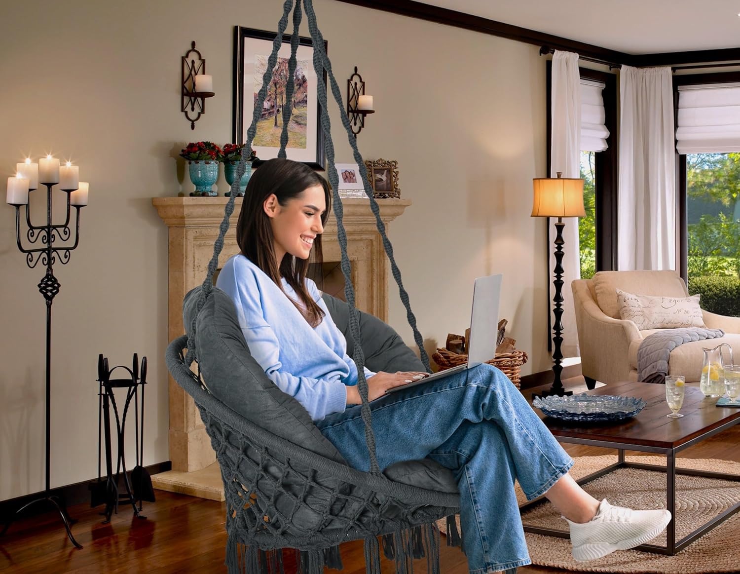 Silla hamaca con cojín, silla columpio de macramé hecha a mano con kits de accesorios para colgar, estilo bohemio, silla colgante de cuerda de