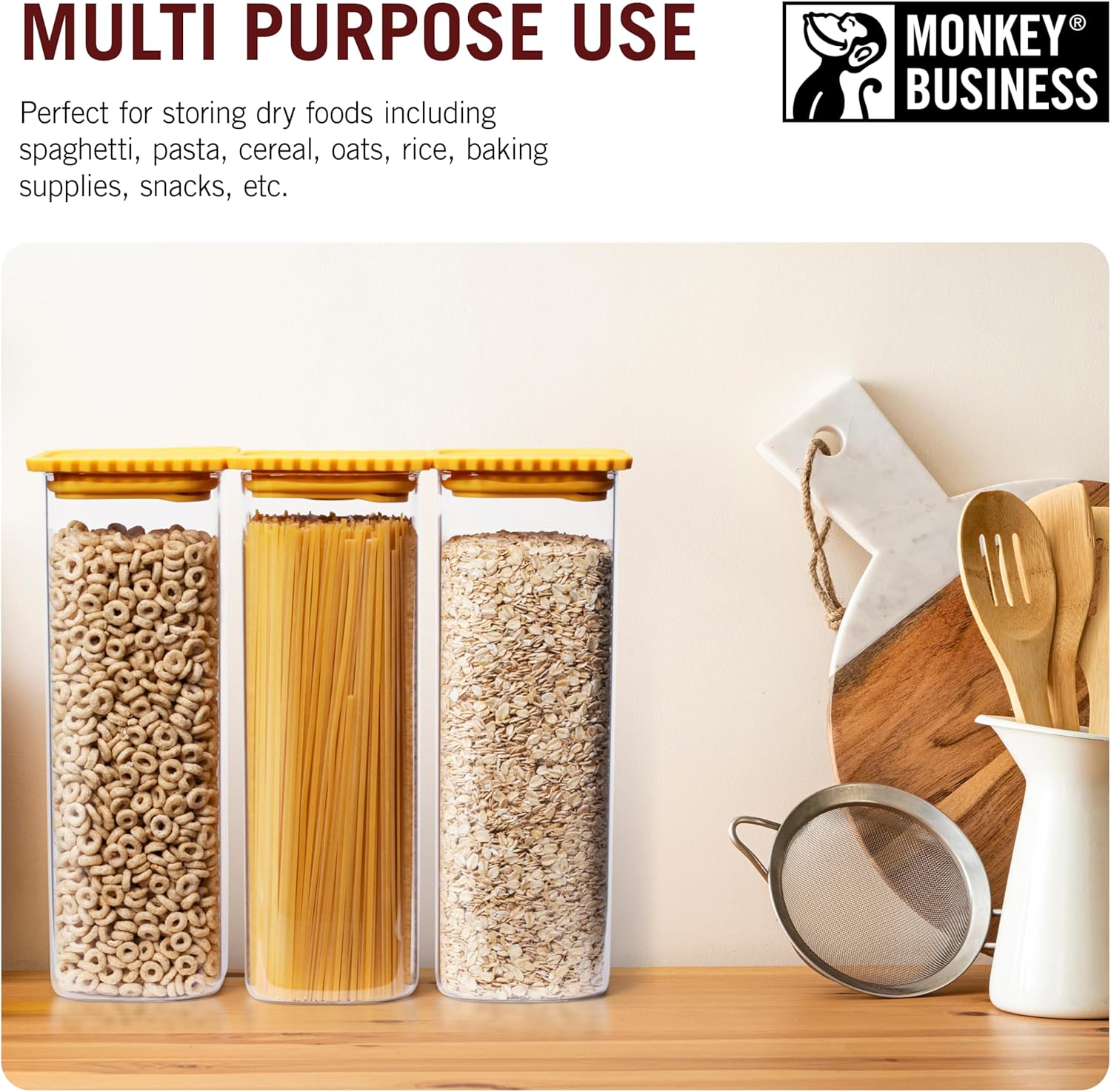 Monkey Business GLASTA Recipiente de vidrio para alimentos con tapa hermética, tarro de almacenamiento de alimentos de vidrio transparente con tapa
