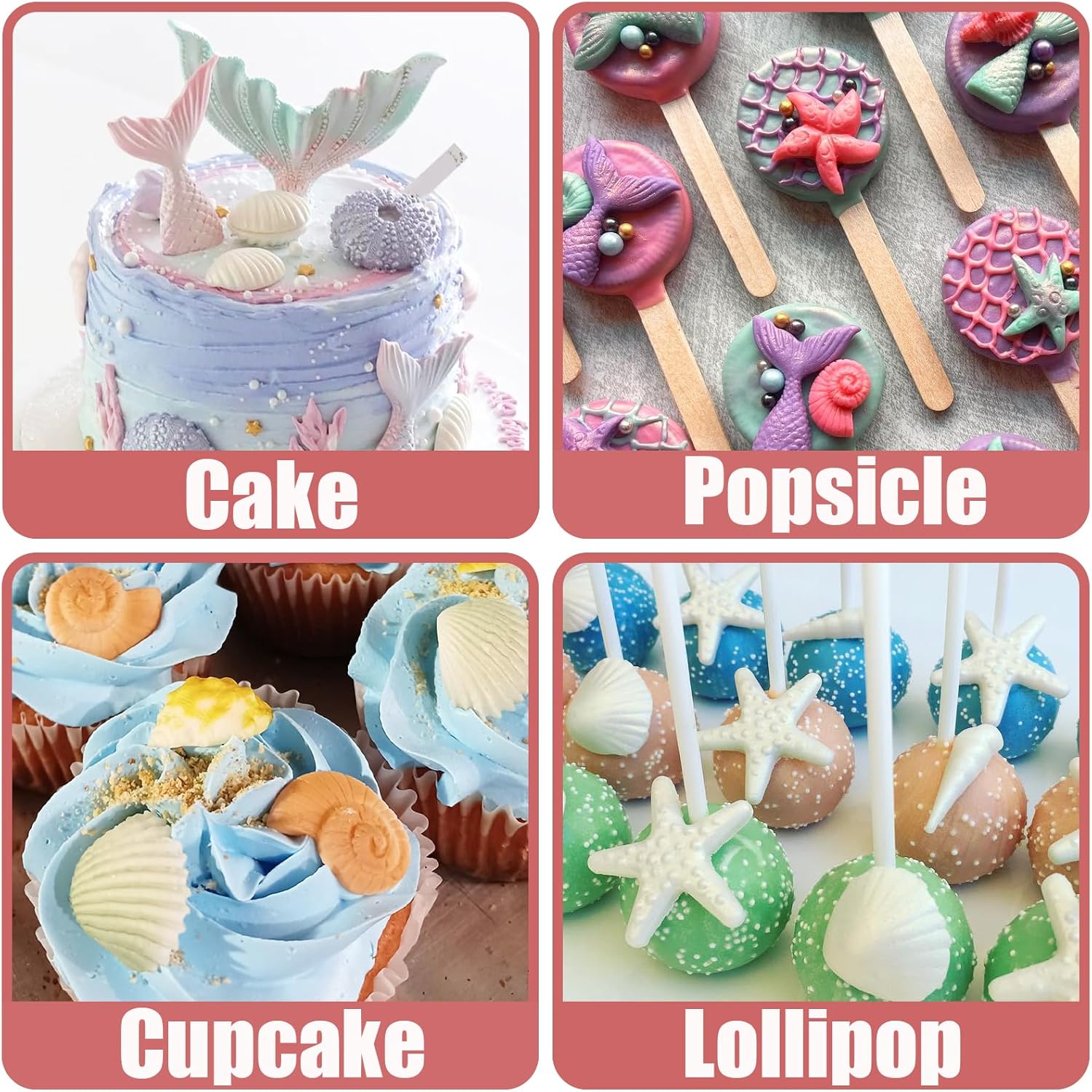Moldes de fondant con temática marina, 4 piezas, cola de sirena, concha, estrella de mar, para hornear, chocolate, moldes de silicona para