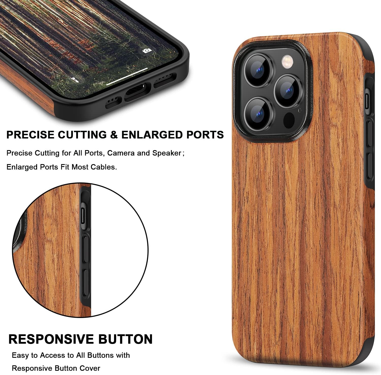 TENDLIN Compatible con iPhone 14 Pro, diseño exterior de grano de madera, funda híbrida de TPU (sándalo rojo)