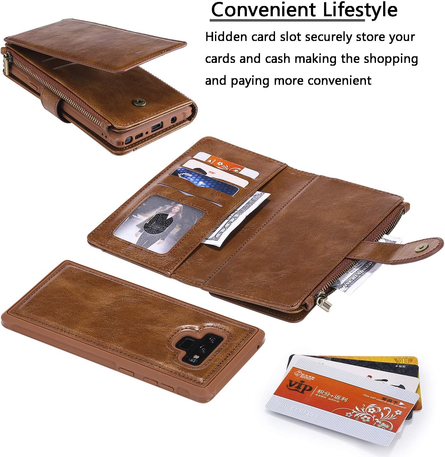Asuwish Funda de teléfono para Samsung Galaxy Note 9 con cremallera, funda desmontable con protector de pantalla de vidrio templado y soporte de