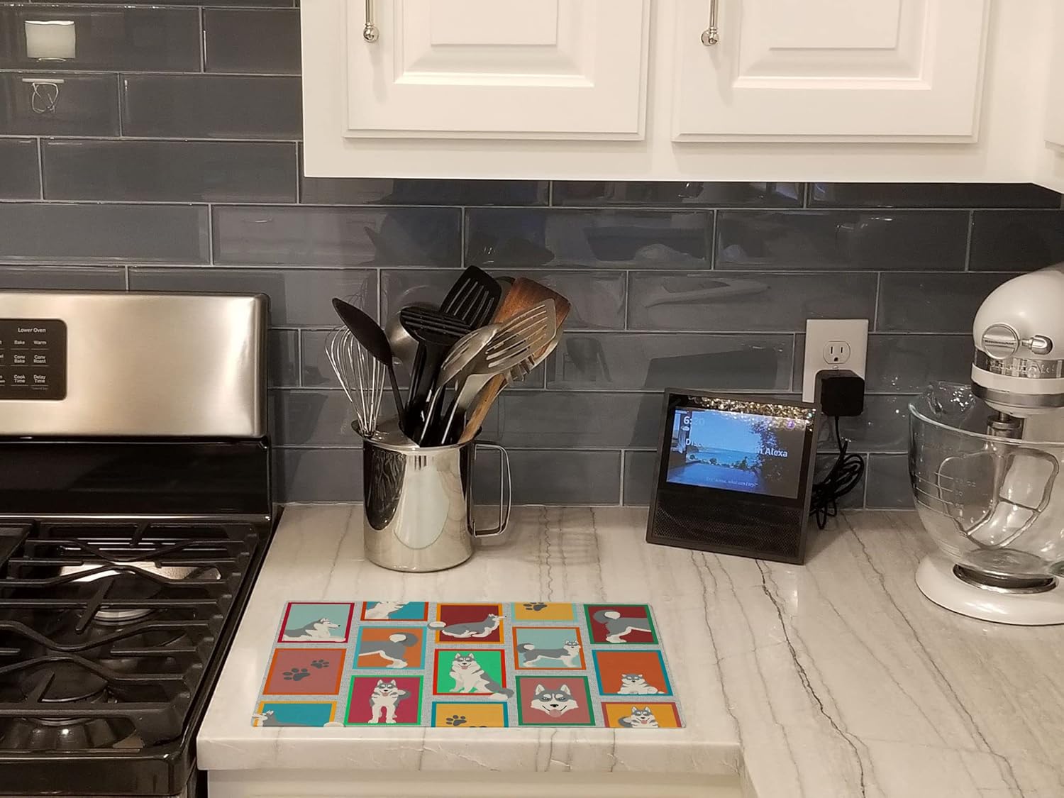 Caroline’s Treasures MLM1159LCB Lots of Grey Siberian Husky Glass Cutting Board Large Decorative Tempered Glass Kitchen Cutting and Serving Board