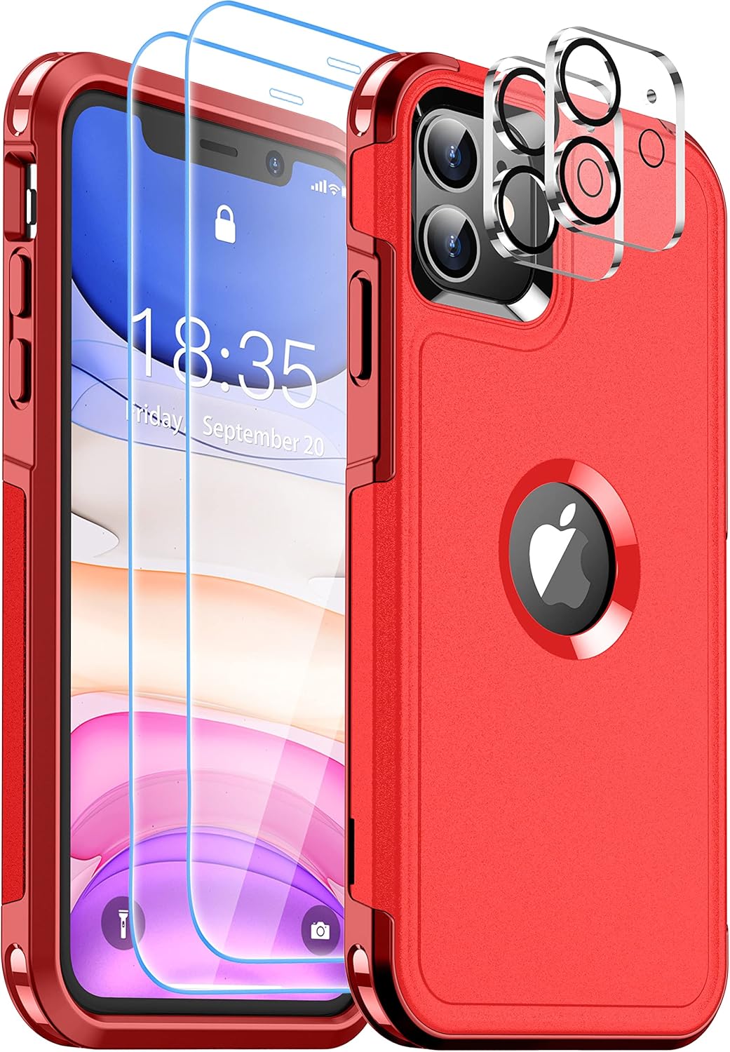 SUPFINE Funda 5 en 1 para iPhone 11, 10 pies militares a prueba de caídas 2 pantallas de vidrio templado, 2 protectores de lente de cámara templada