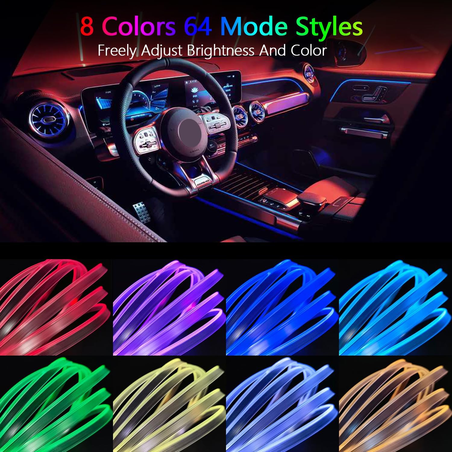 Nueva actualizaciónTira de luces LED para interior de automóvil, aplicación de luz LED RGB para interior de automóvil y control remoto, modo de
