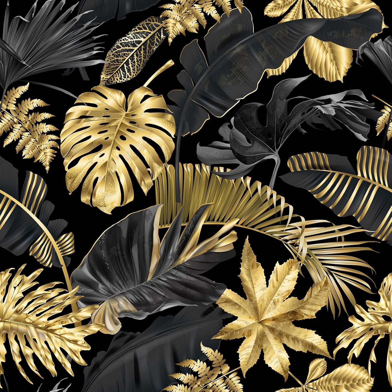 Wallink Papel tapiz negro y dorado con hojas tropicales, papel tapiz autoadhesivo con hojas autoadhesivas, papel tapiz extraíble negro y dorado,