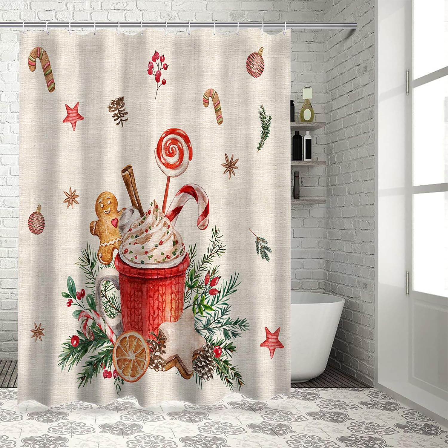 Juego de cortinas de ducha impermeables con 12 ganchos, pastel de jengibre, hombre de jengibre, bayas, vintage, 72 x 72 pulgadas, decoración de