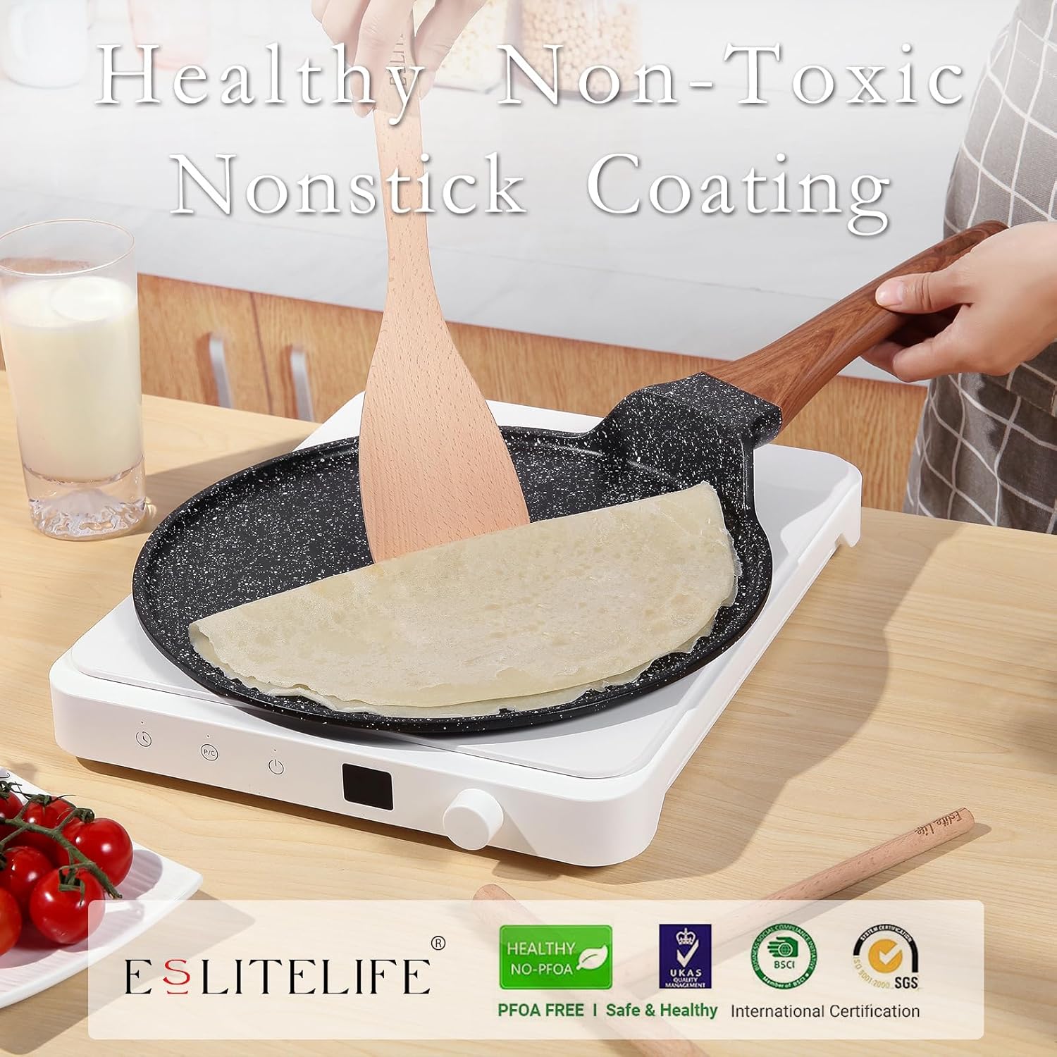 ESLITE LIFE Sartén antiadherente para crepas con esparcidor, sartén plana con revestimiento de cerámica de 9.5 pulgadas, sartén para tortilla Tawa