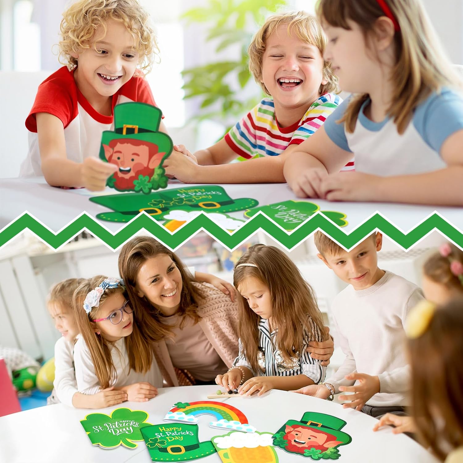 30 juegos de tarjetas del día de San Patricio con sobres, tarjetas de felicitación irlandesas de trébol, en blanco, forma irregular, duende verde,