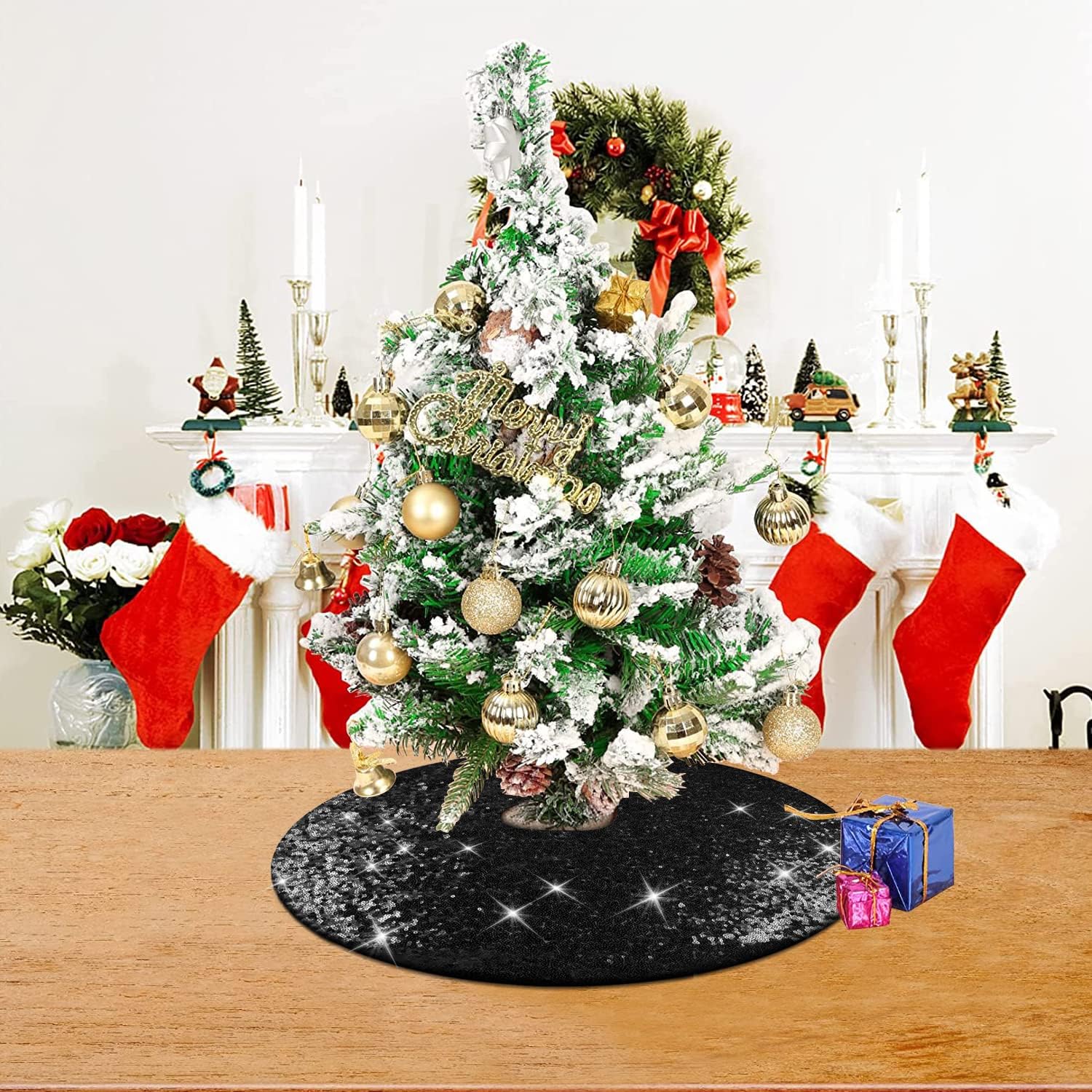 yuboo Mini falda negra para árbol de Halloween, 24 pulgadas, con lentejuelas, adornos de árbol de Navidad con purpurina para árbol de Navidad