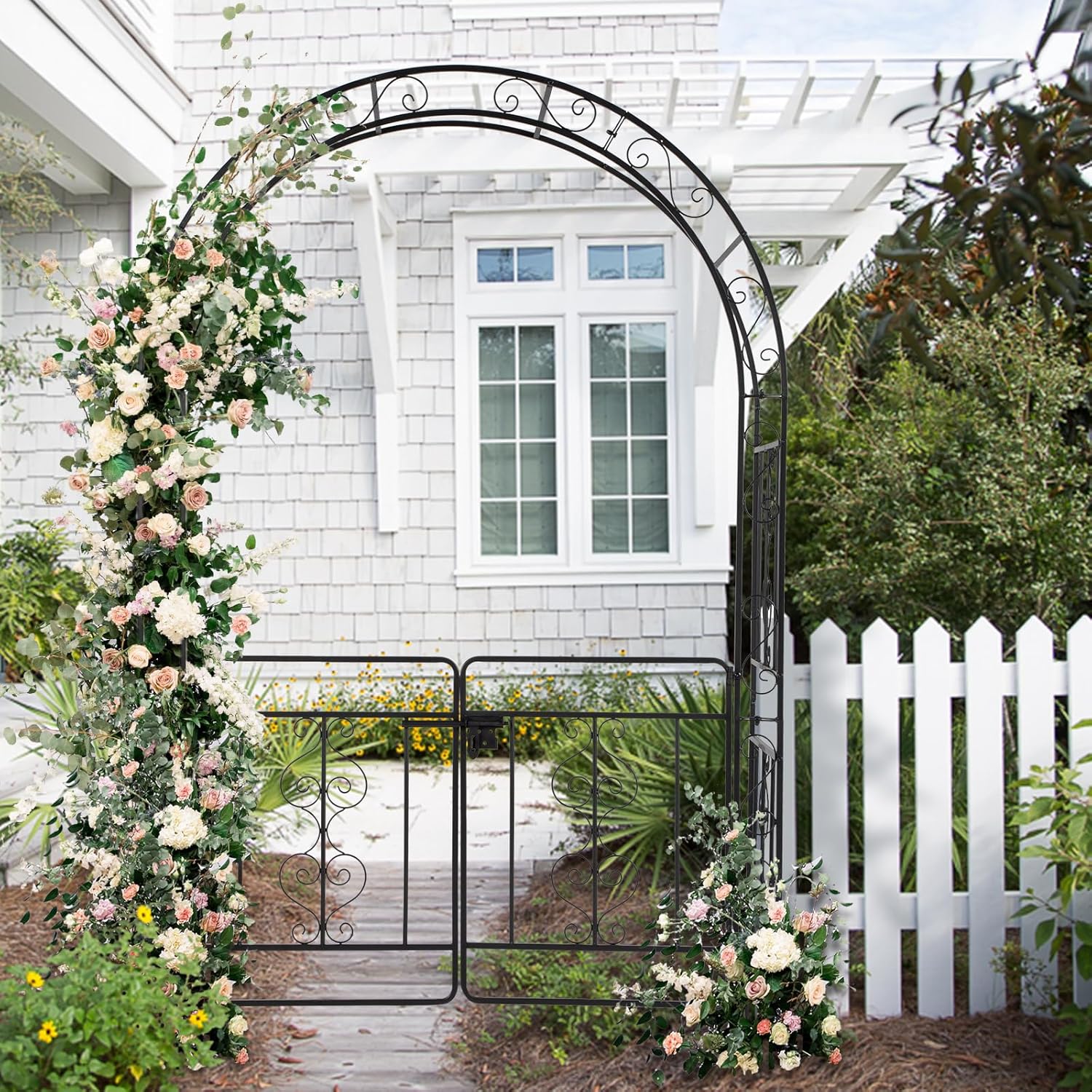 Outvita Cenador de arco de jardín de 7 pies con puerta de entrada, arco de cenador de metal resistente, marco decorativo enrejado con estacas de