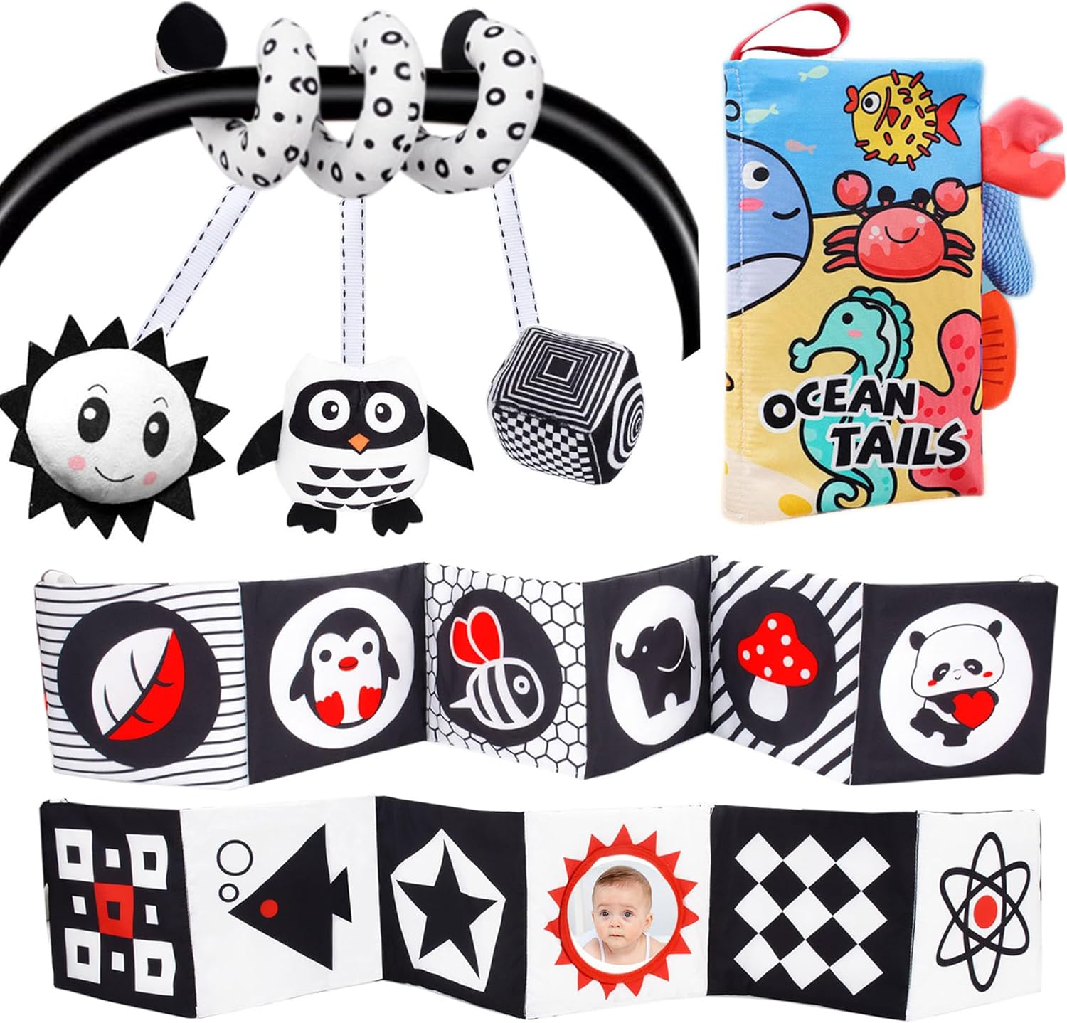 3 piezas de juguetes de asiento de automóvil, juguetes para bebés de alto contraste en blanco y negro, 0-3, 6-12 meses, juguetes Montessori para