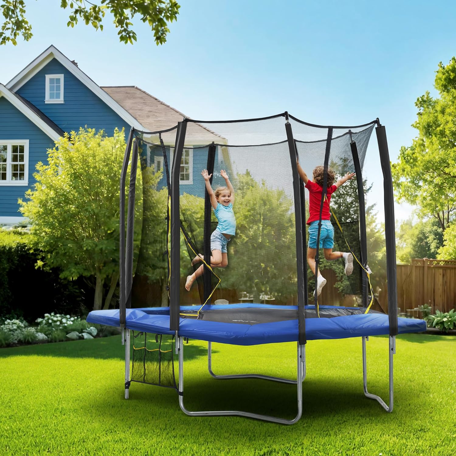 Exacme Trampolín rectangular de 7 x 10 y 8 x 12 pies para niños, doble abertura, pequeño trampolín rectangular para exteriores con red de cierre, 4