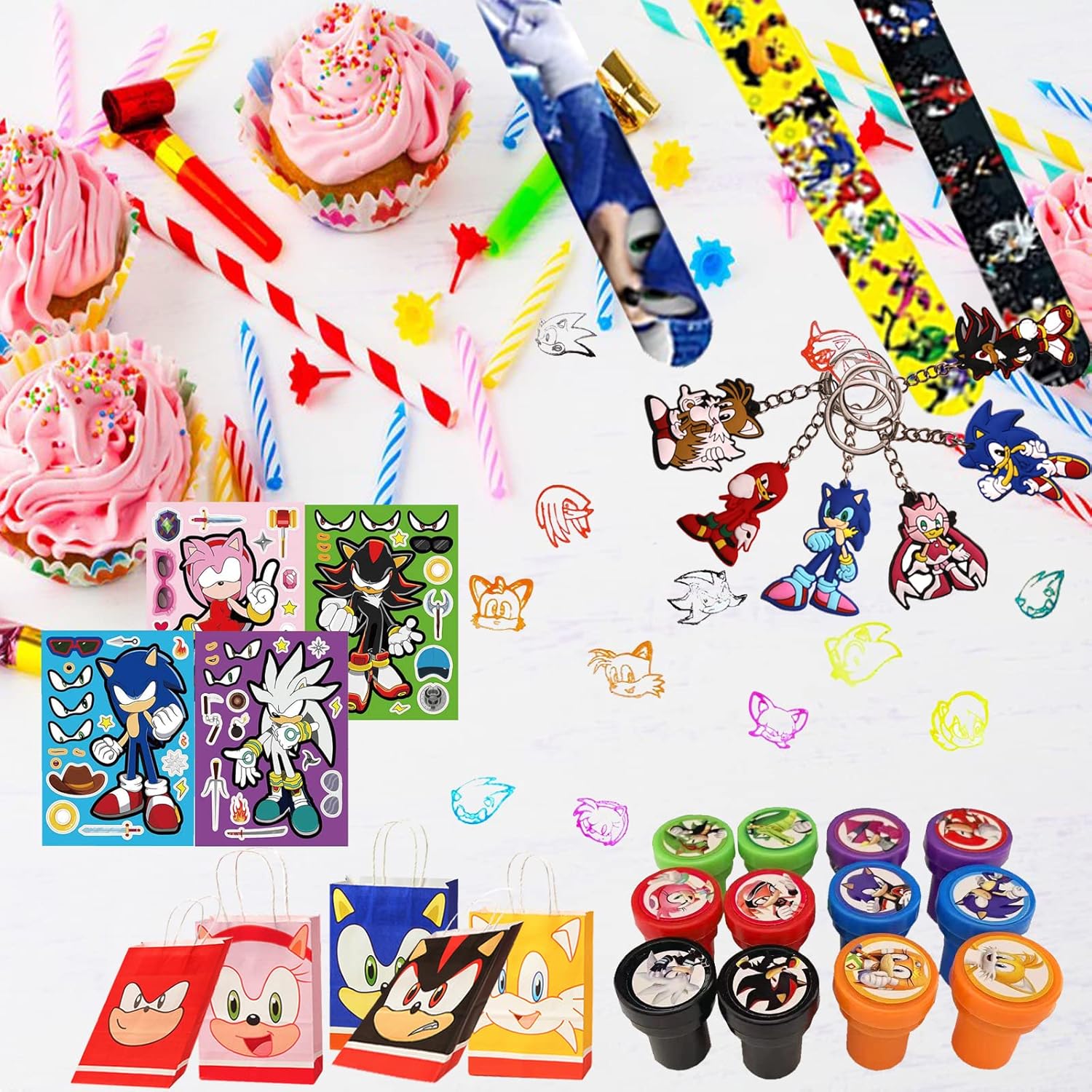 Anwaterfar 110 Pcs Birthday Party Supplies for Kids, Cartoon Themed Party Favors with Goodie Bags,Keychain,Stampers,Stickers,Birthday Carnival