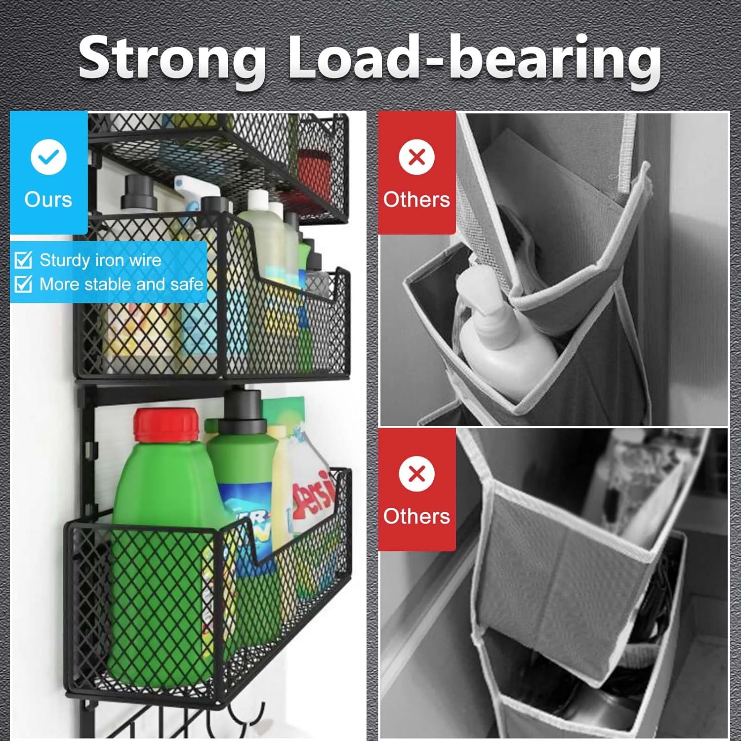 Organizador ajustable sobre la puerta, almacenamiento de puerta colgante con 4 cestas de metal y soporte de pared de bolsillo de PVC, fuerte soporte