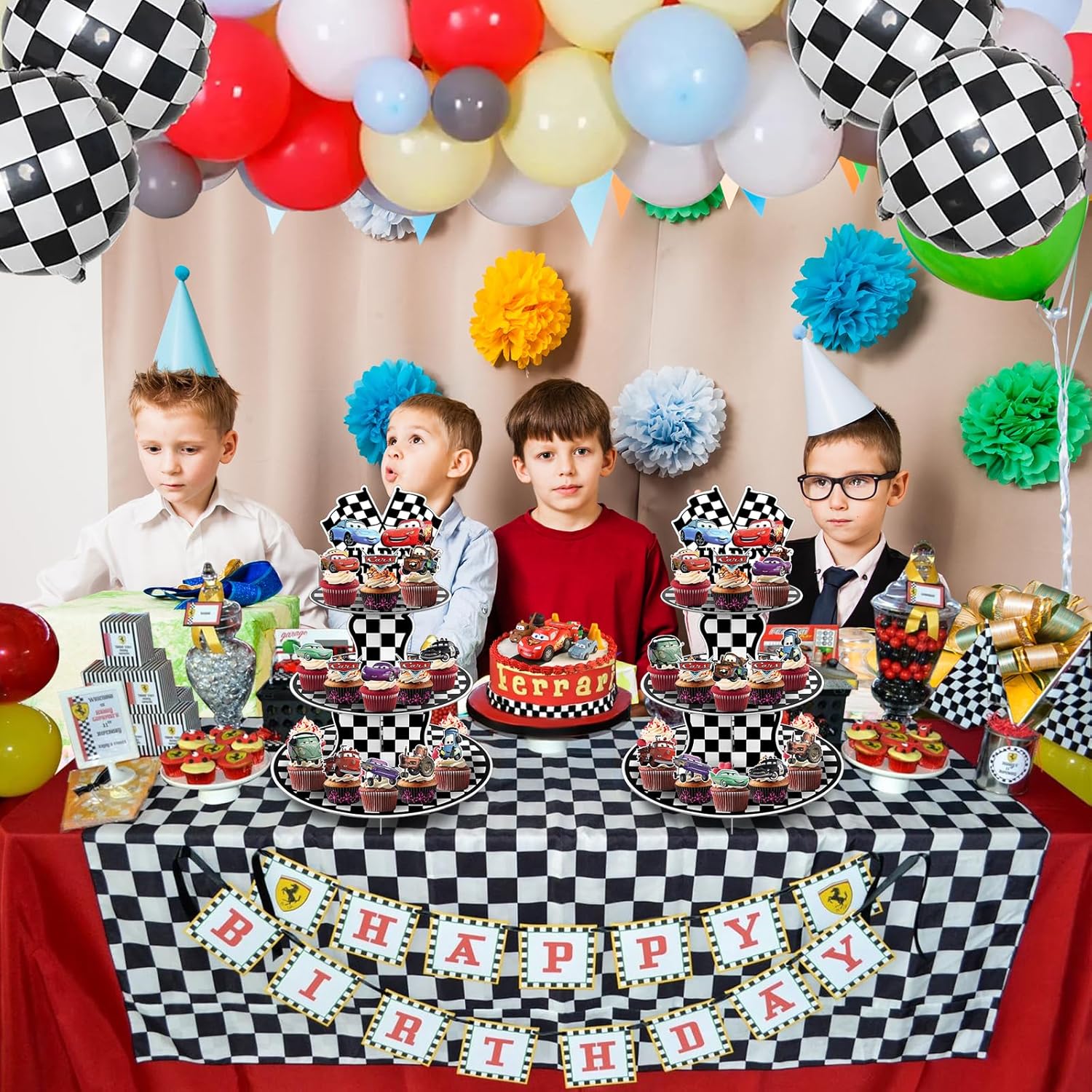 Paquete de 2 soportes para cupcakes de autos de carreras, suministros de fiesta de cumpleaños, dos decoraciones rápidas de autos para camiones,