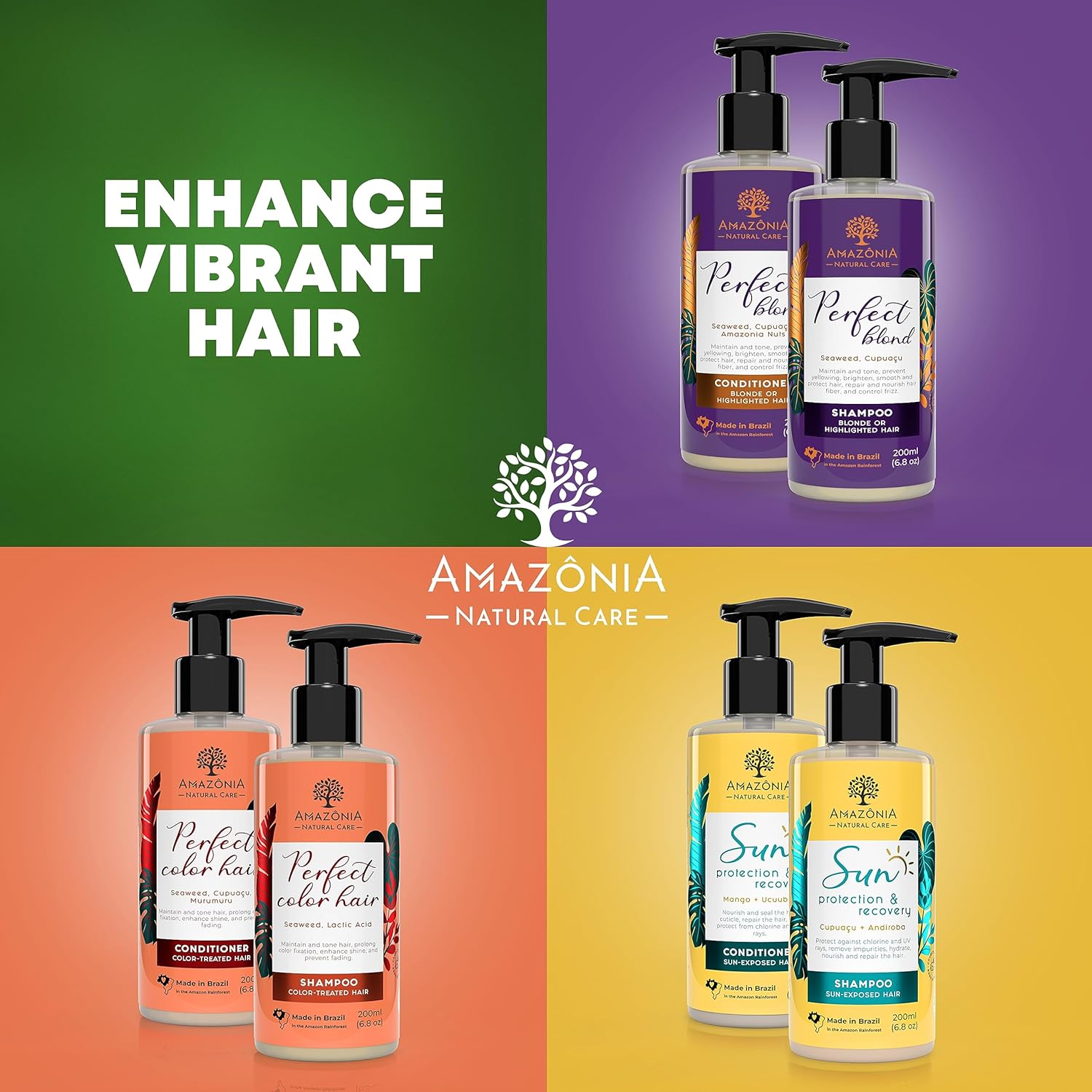 Champú y acondicionador de color natural para cabello tratado con algas marinas, ácido láctico, cupuacu y murumuru para evitar la decoloración e