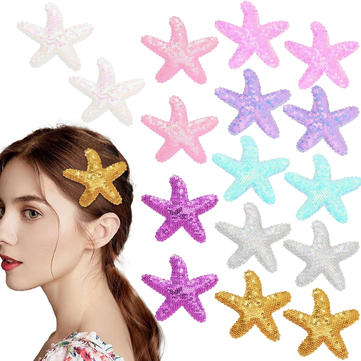 16 pinzas para el cabello con estrellas de mar, lentejuelas con purpurina y estrellas de mar, pasadores de pelo brillantes de cocodrilo, accesorios