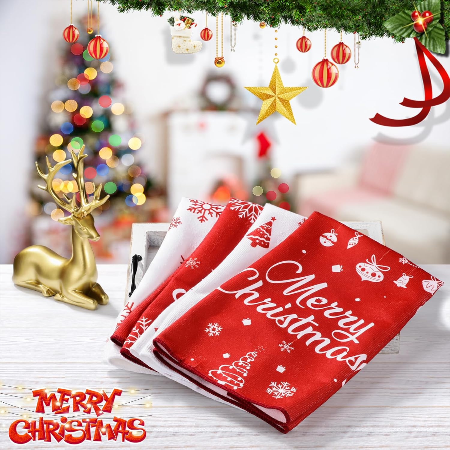 Boao 8 paños de cocina de Navidad decorativos con copos de nieve y campanas de árbol de Navidad, paños de cocina de 15 x 25 pulgadas, absorbentes de