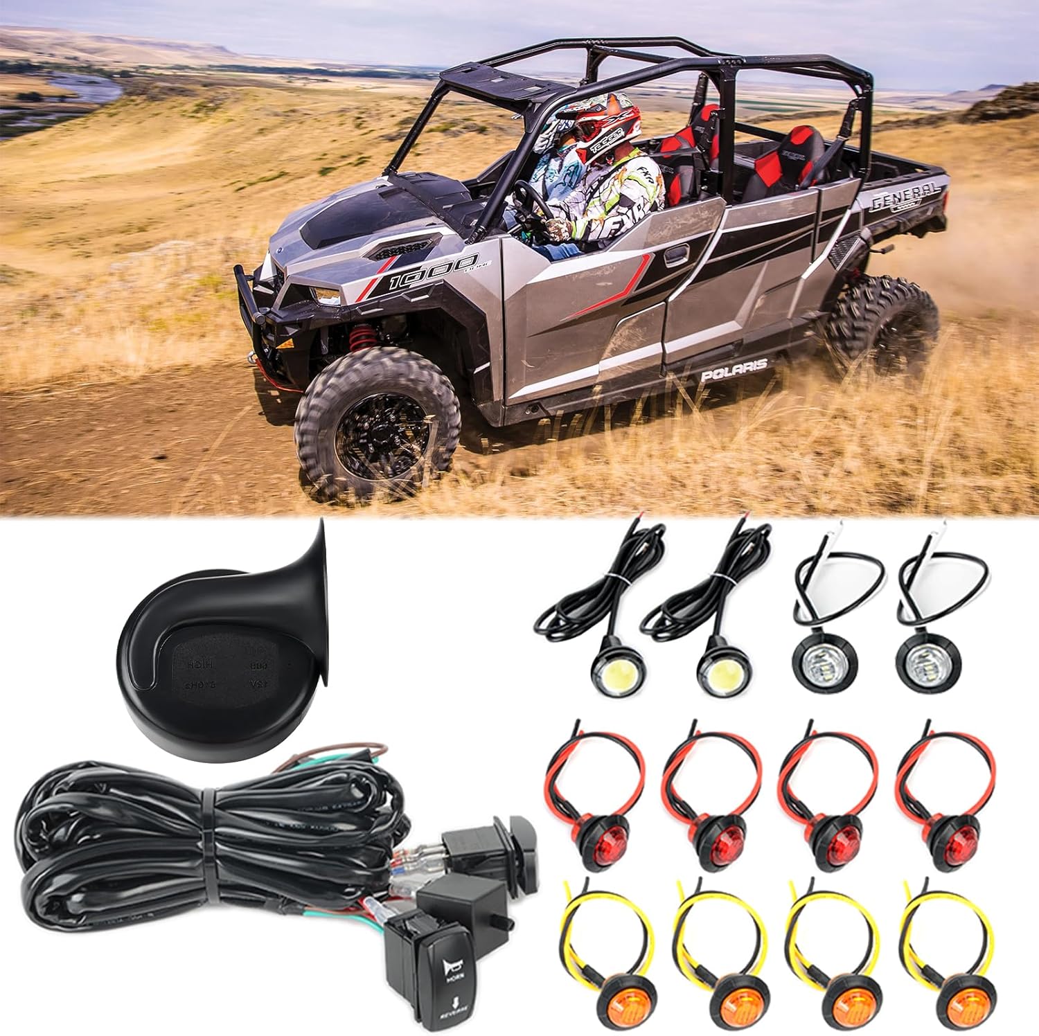 Kit de bocina UTV ATV y kit de señal de giro con interruptor basculante para Polaris RZR Ranger Honda Pioneer SXS Dirt Bike Turbo Can-Am Kawasaki