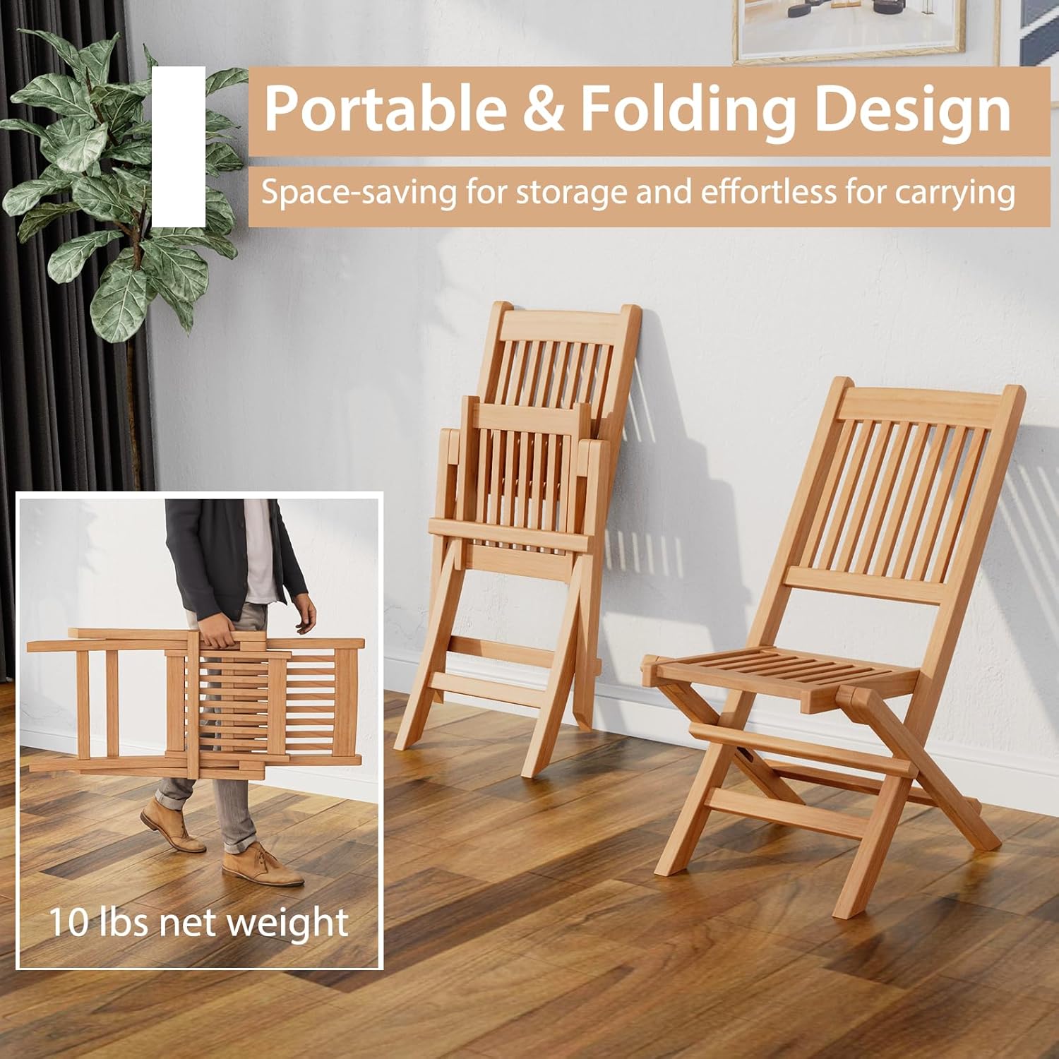 Giantex Sillas plegables para patio, sillas de madera de teca indonesia para exteriores con asiento y respaldo de rejillas, silla portátil de
