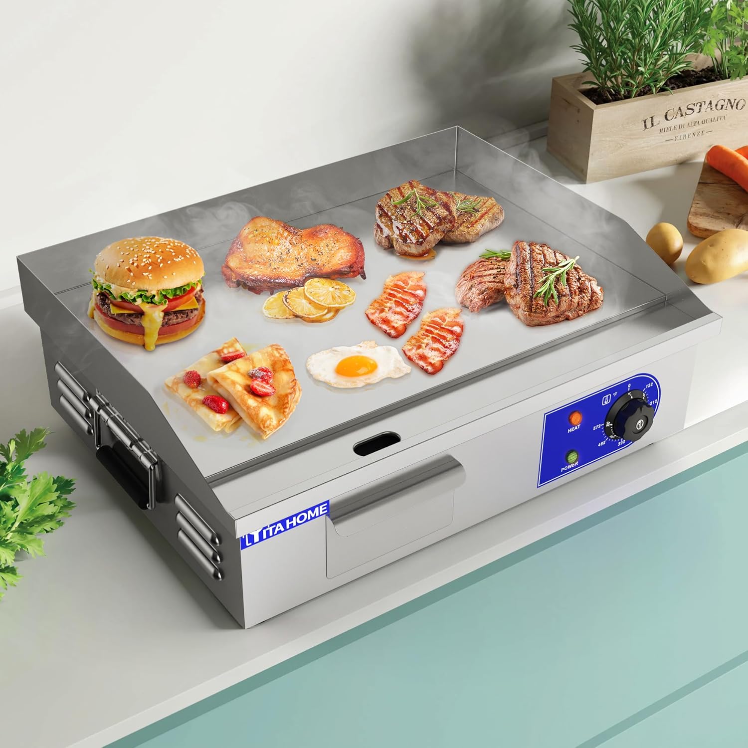 YITAHOME Plancha eléctrica comercial de 22 pulgadas con mango de resorte, plancha comercial de 3000 W, parrilla Teppanyaki antiadherente para