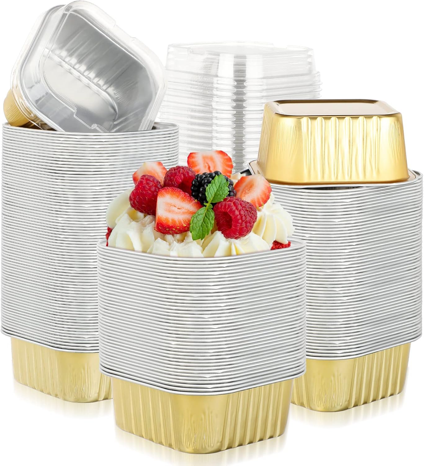 200 tazas de papel de aluminio para hornear de 5 onzas con tapas, recipientes de papel de aluminio de 5.1 fl oz para cupcakes, moldes desechables,
