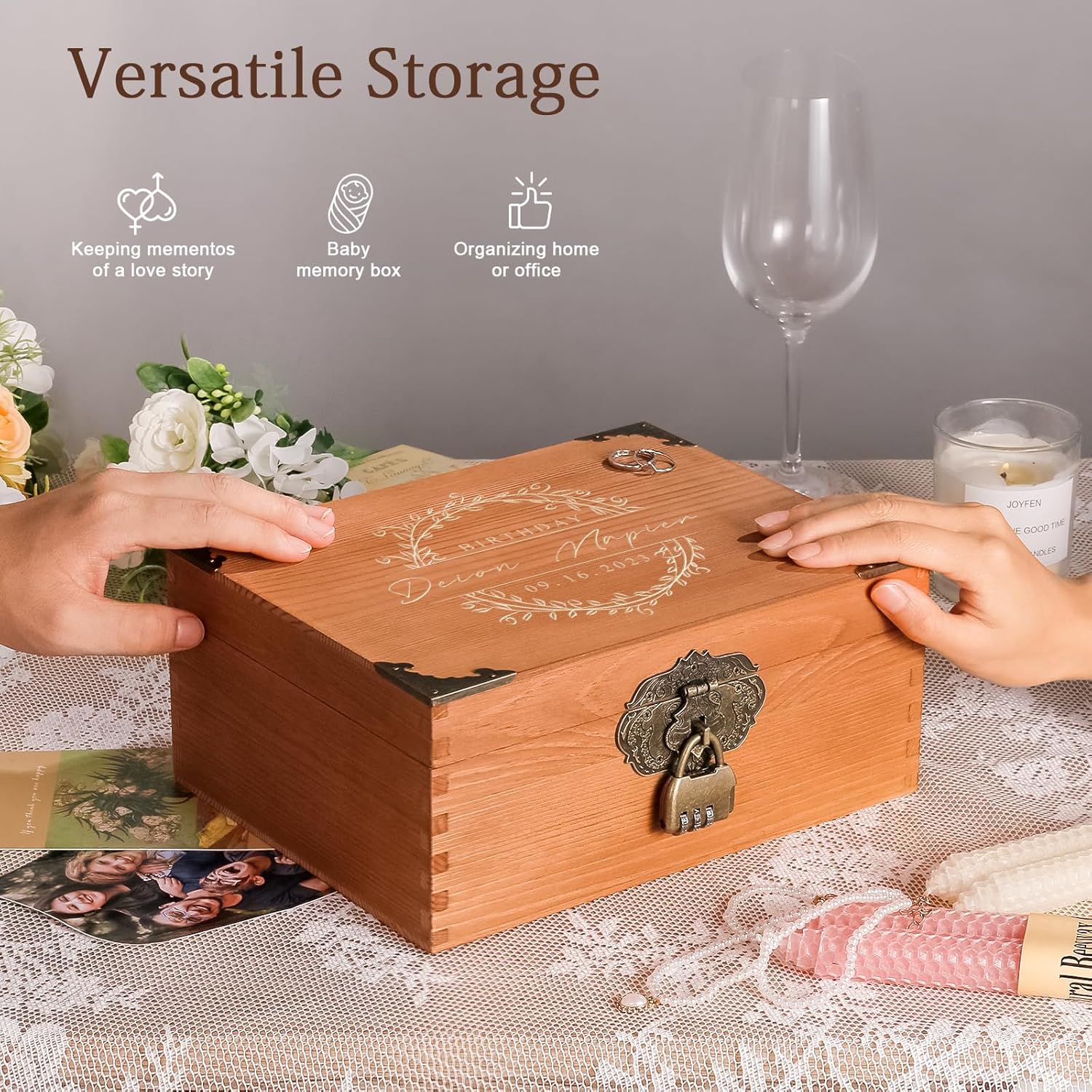 Caja de recuerdos de boda personalizada con cerradura, caja de memoria decorativa de madera, caja de almacenamiento de fotos, aniversario,